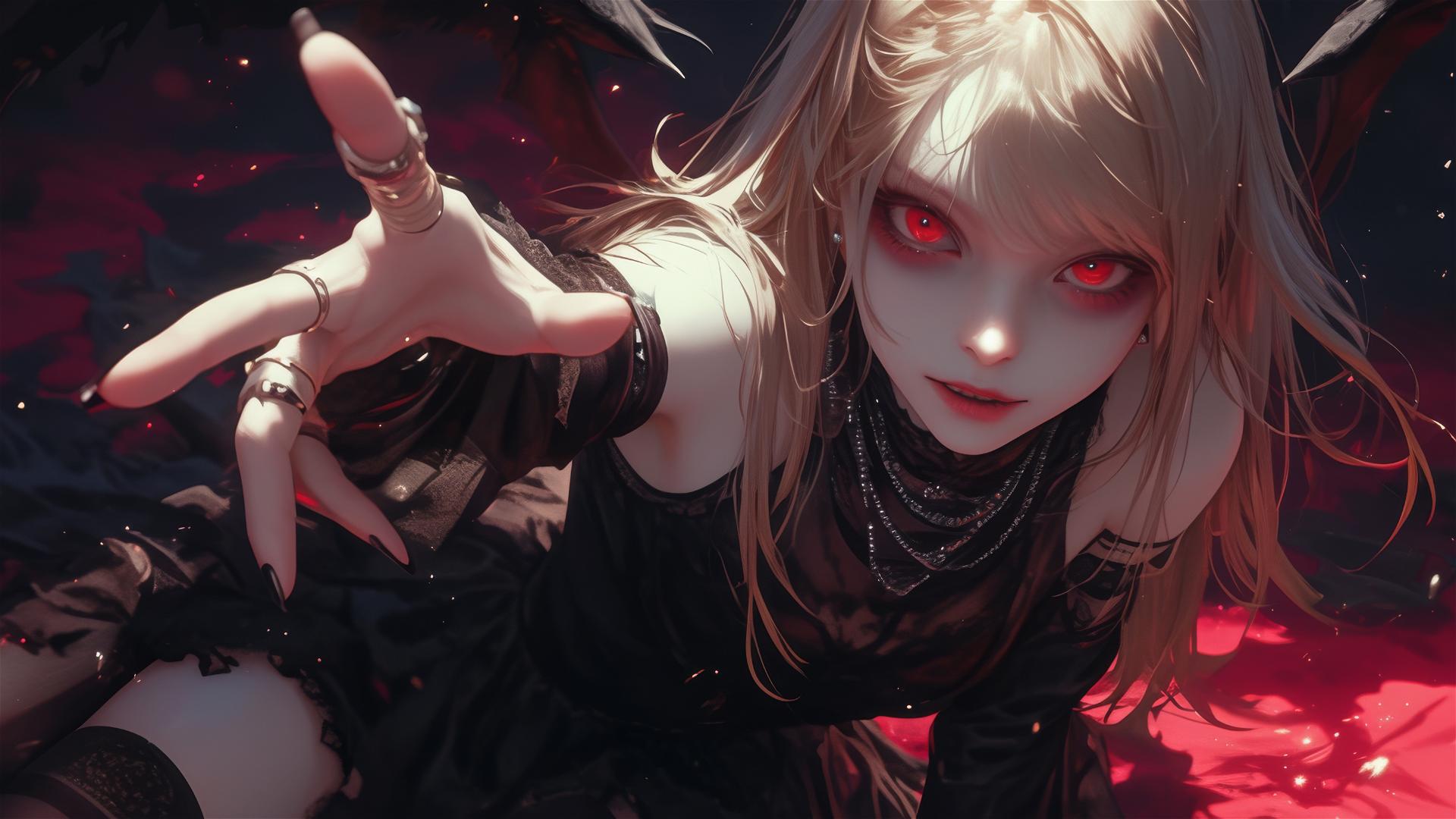 Isolated shot of Misa Amane from Death Note with red eyes, posing dynamically on a dark background with a spotlight effect