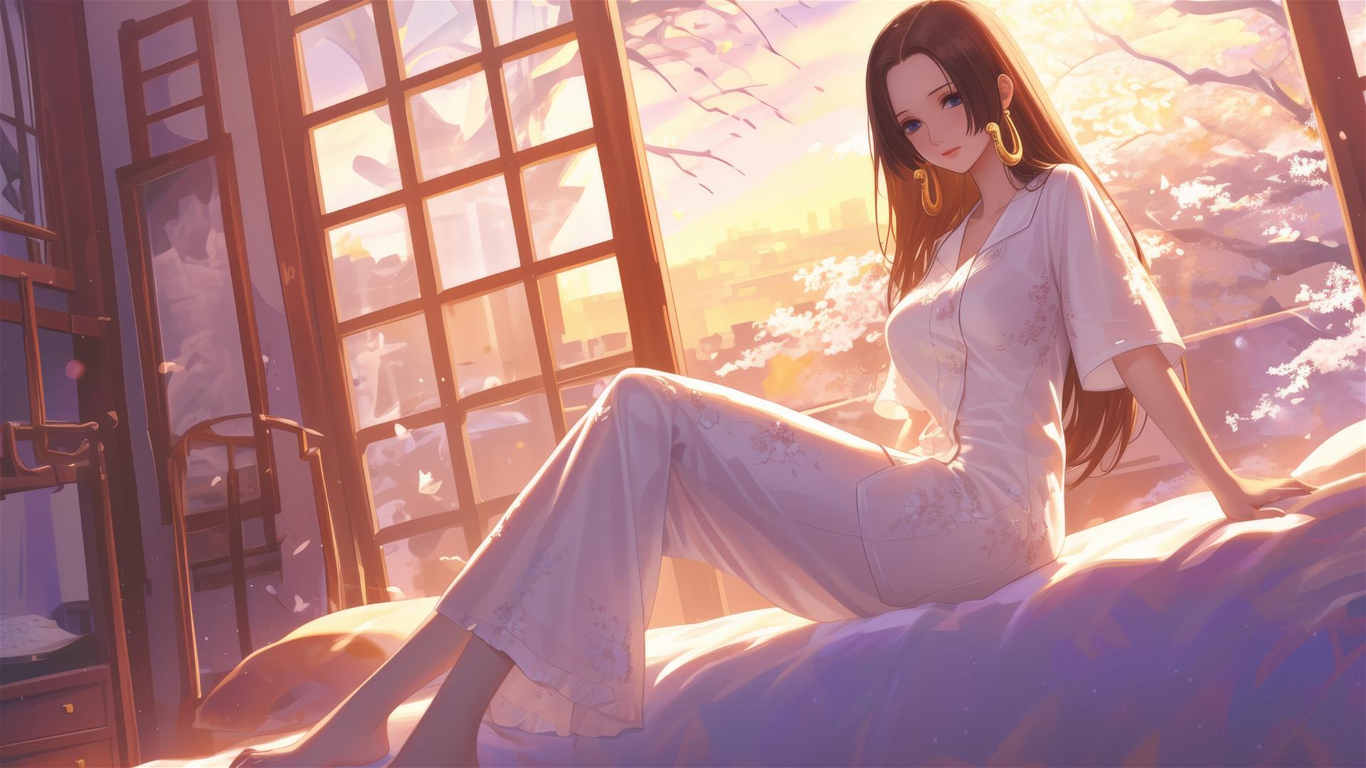 Boa Hancock from One Piece in silk pajamas sitting in an apartment at sunrise