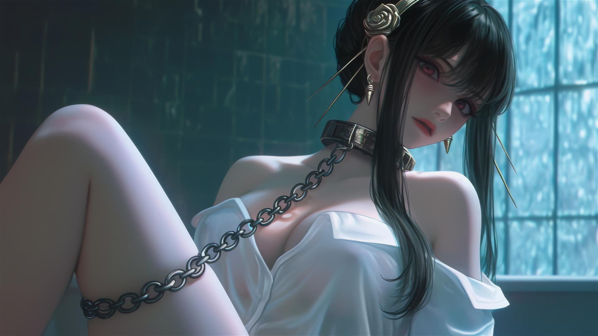 Yor Forger chained in a tub with neon light glow, wearing white shirt