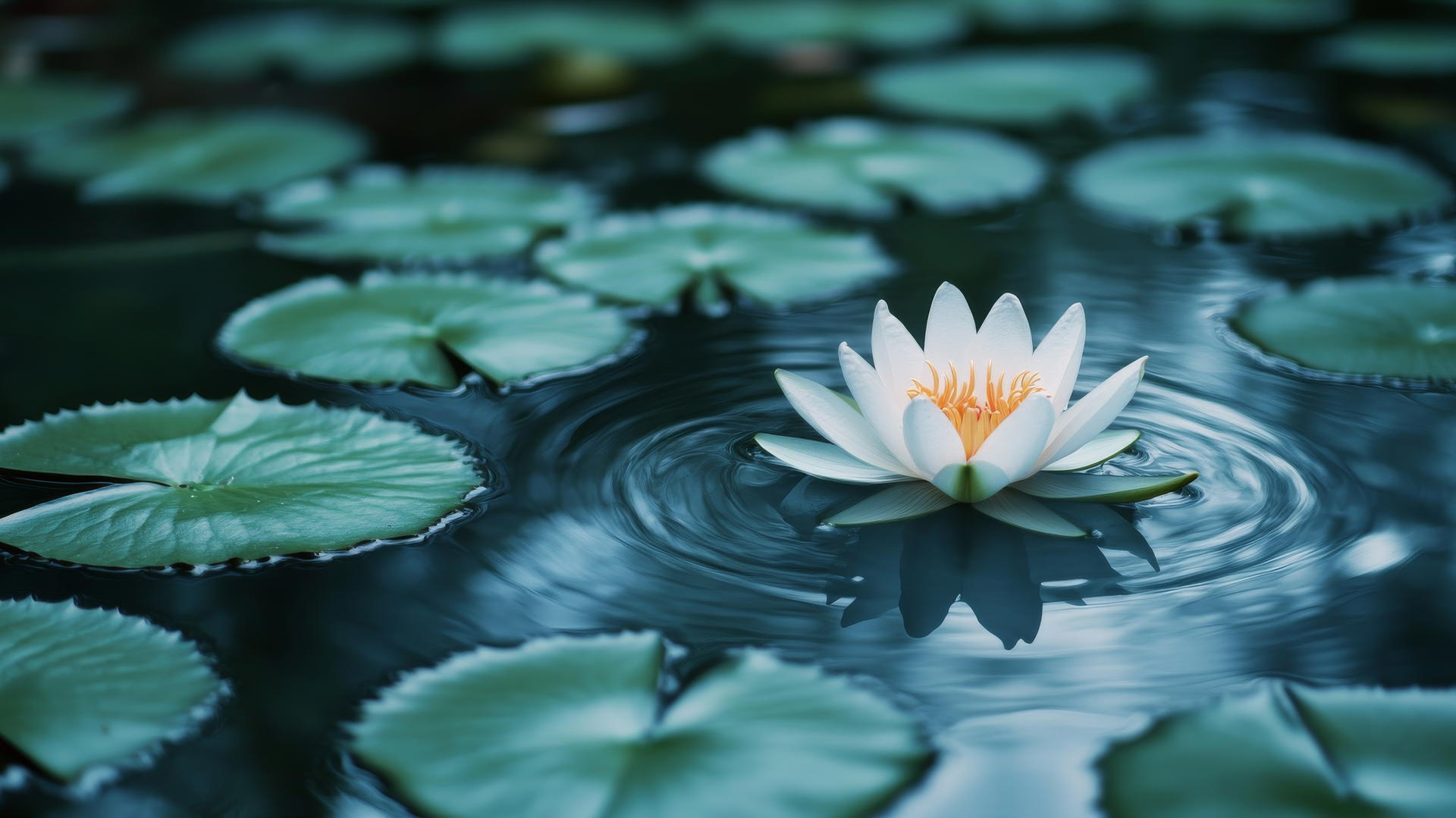 Flower nature wallpaper with lotus flower on still pond, green lily pads, and soft ripples
