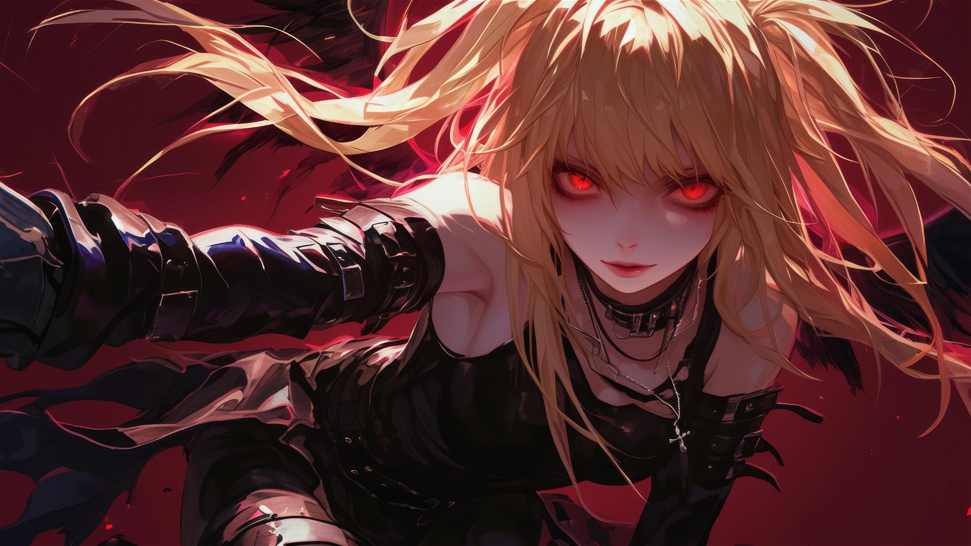 Misa Amane with red eyes in dynamic pose on dark background