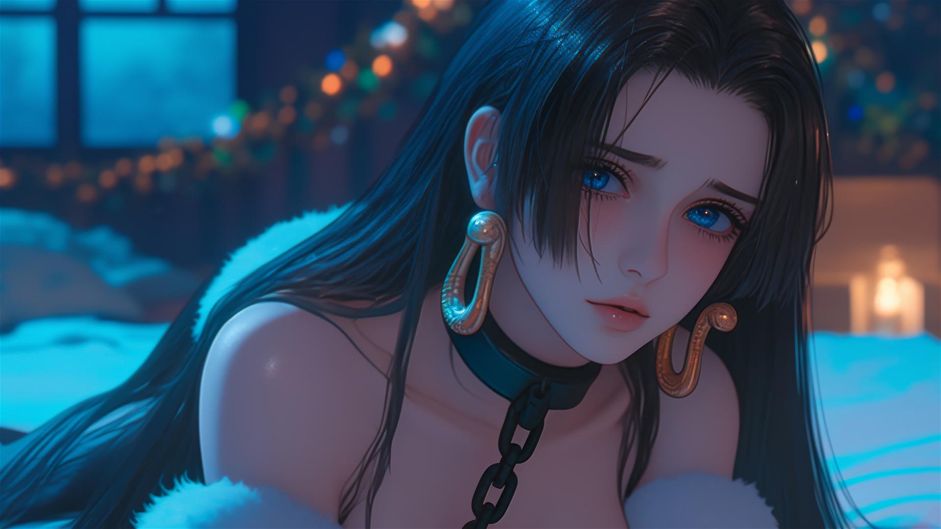 Boa Hancock in Christmas costume chained in neon-lit modern hotel room