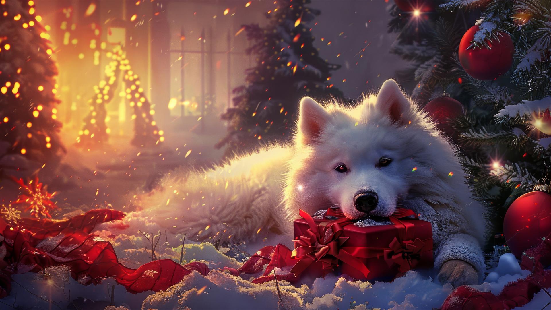 A realistic, high-definition image of a happy small Samoyed with a festive Happy New Year theme.