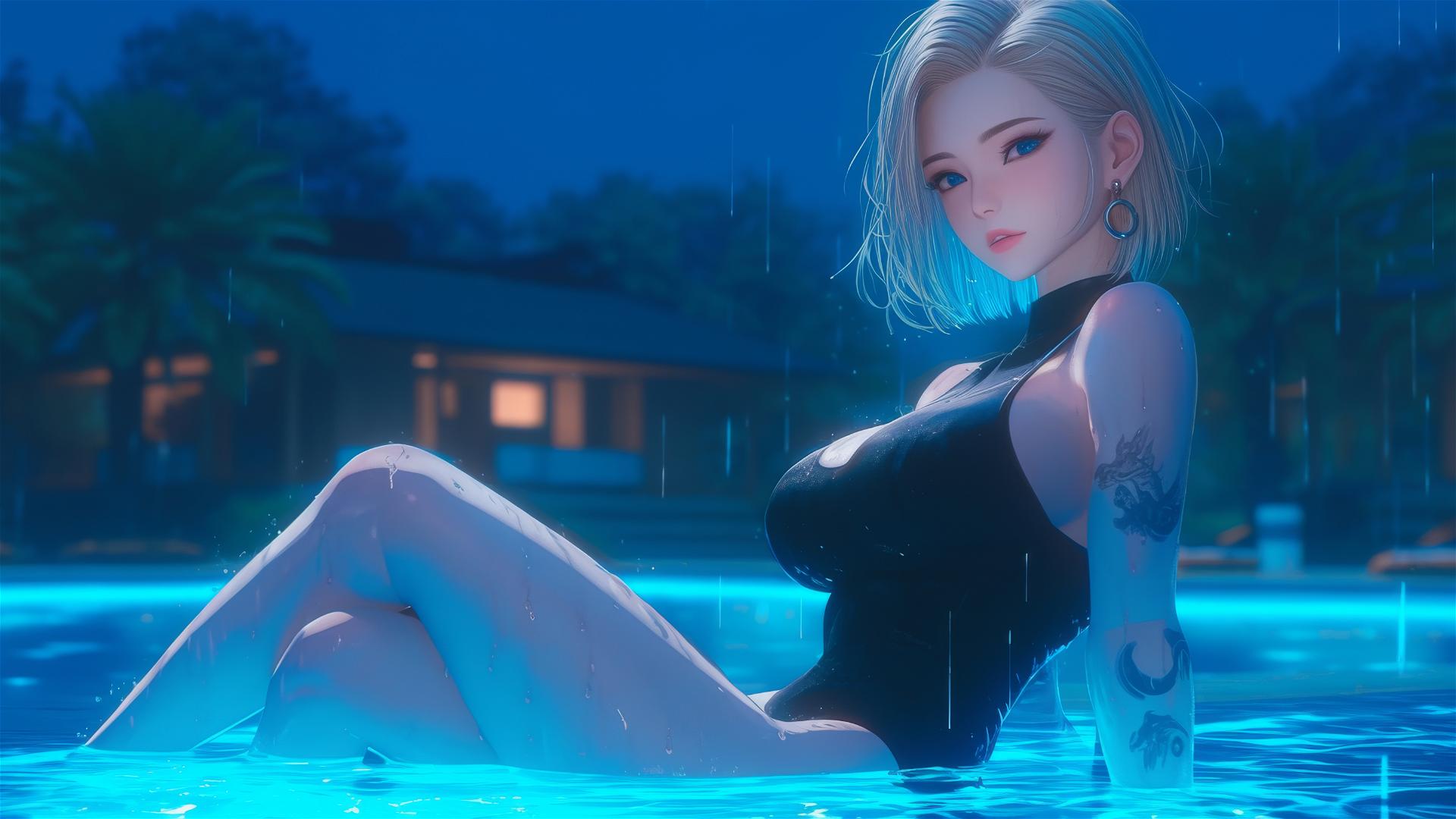 Android 18 from Dragon Ball resting by a rainy pool at night