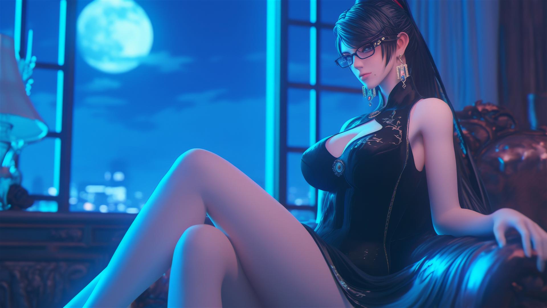 Bayonetta sitting in a modern hotel room under moonlight