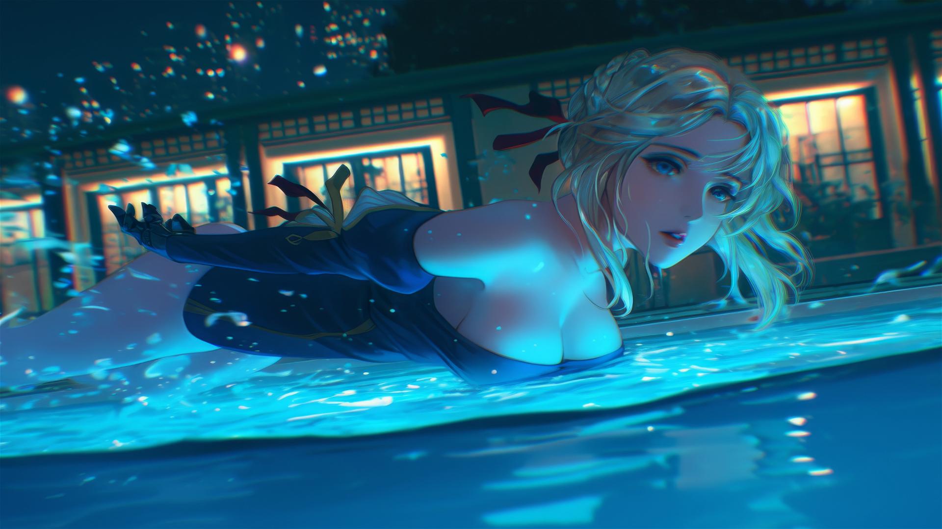 Violet Evergarden jumping out of a swimming pool under moonlight.