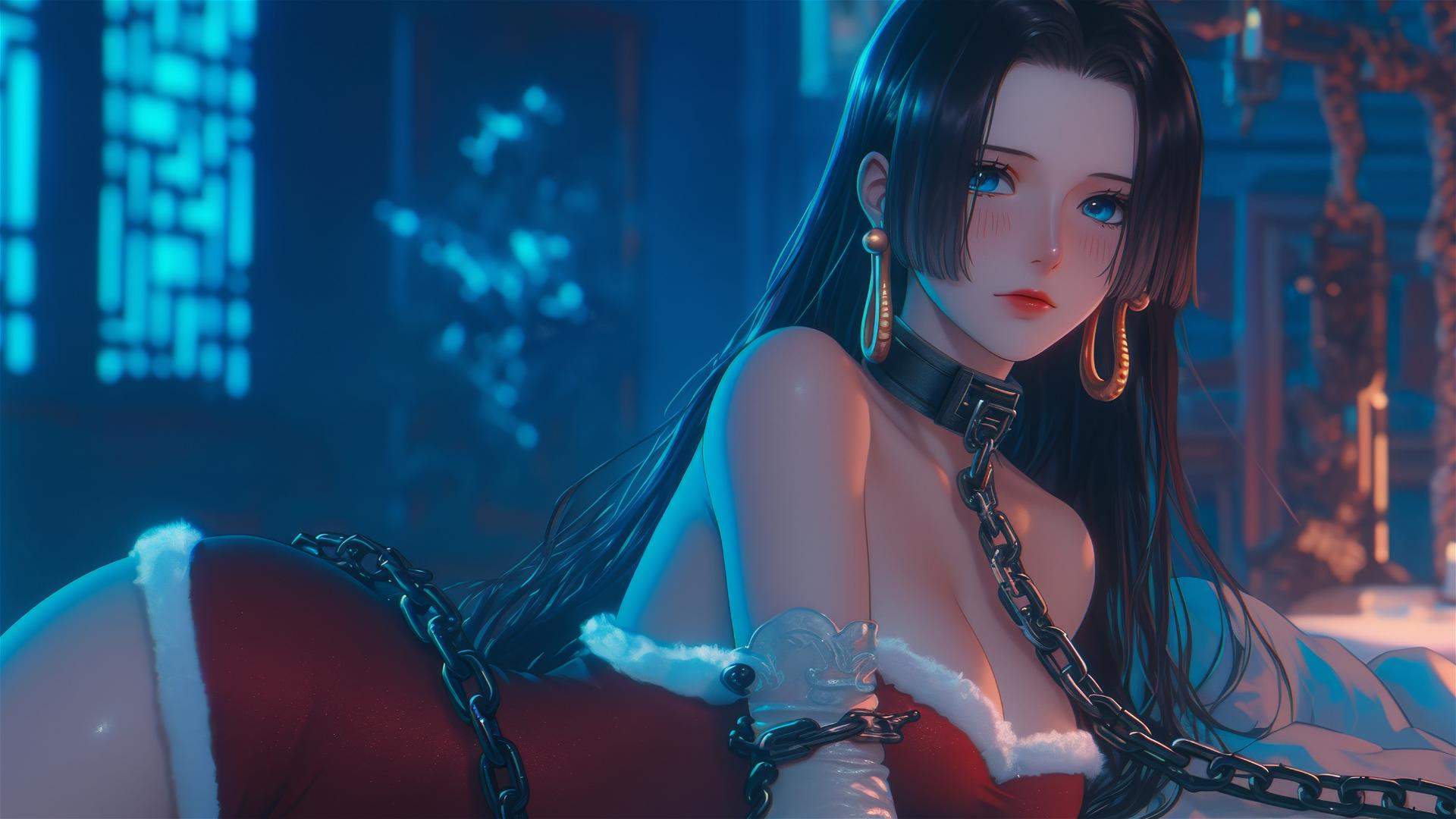 Boa Hancock from One Piece in Christmas attire, chained in a modern hotel room with neon pink lighting.