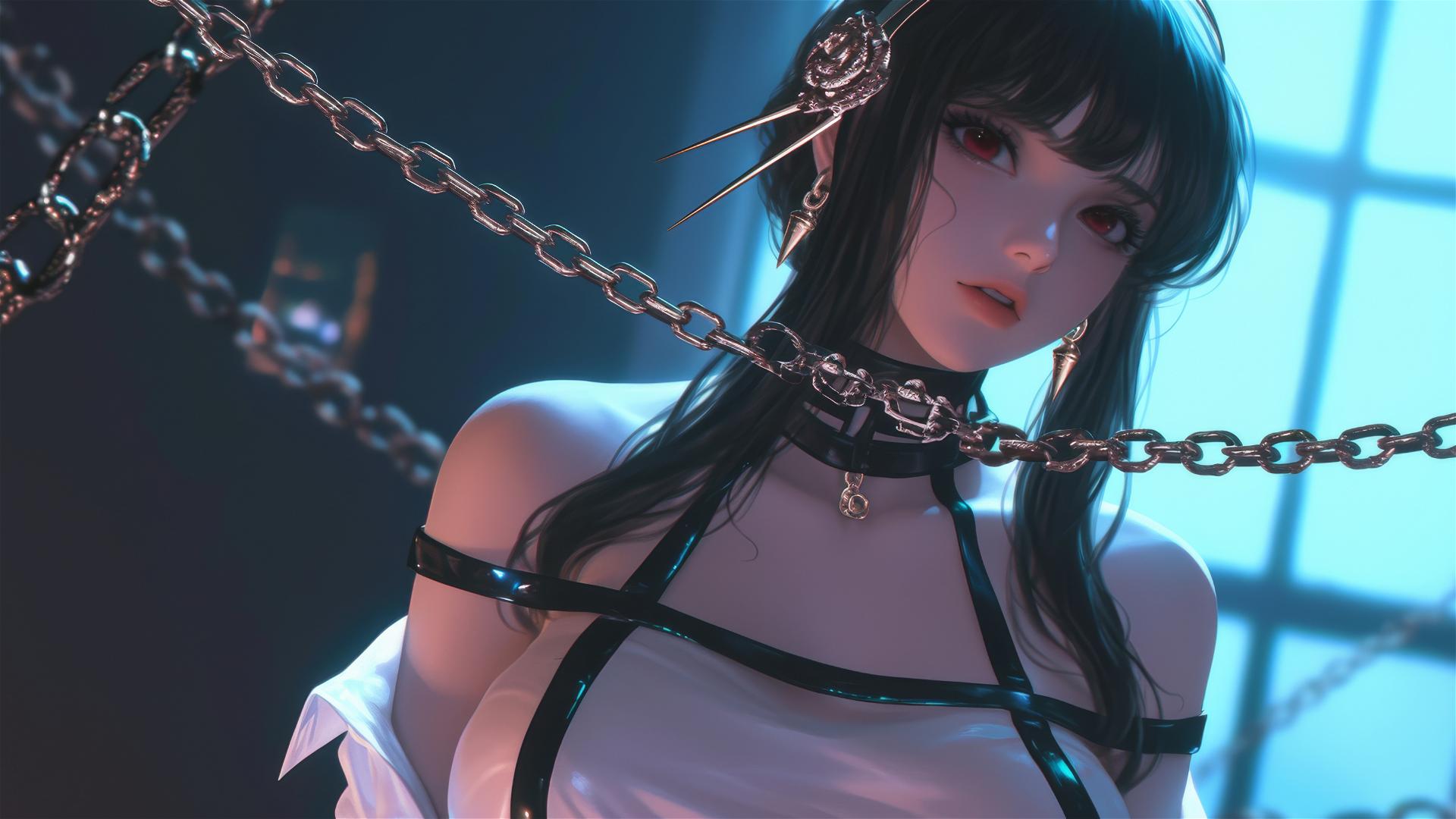 Yor Forger from Spy x Family chained in a tub, neon light glow