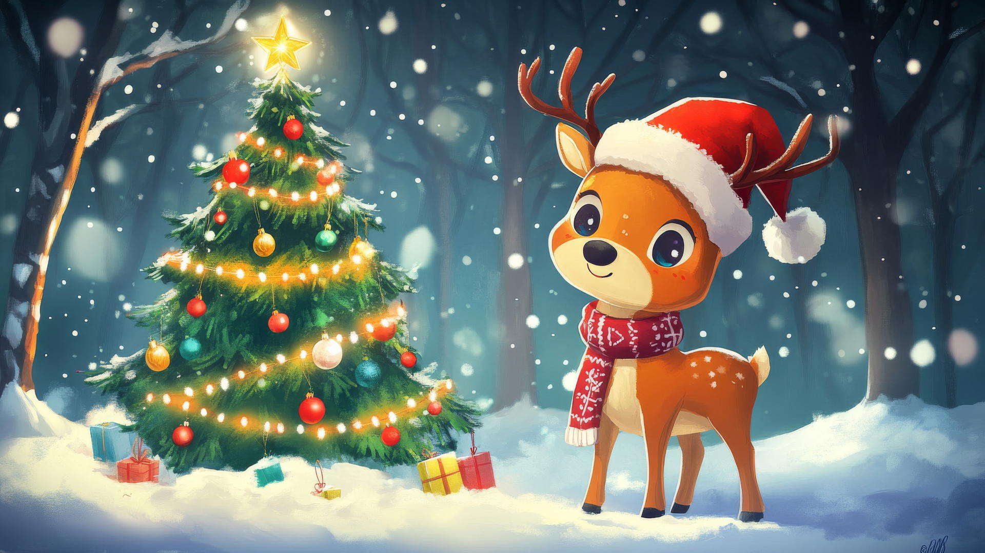 cute wallpapers for christmas with a cartoon reindeer in a Santa hat by a decorated tree