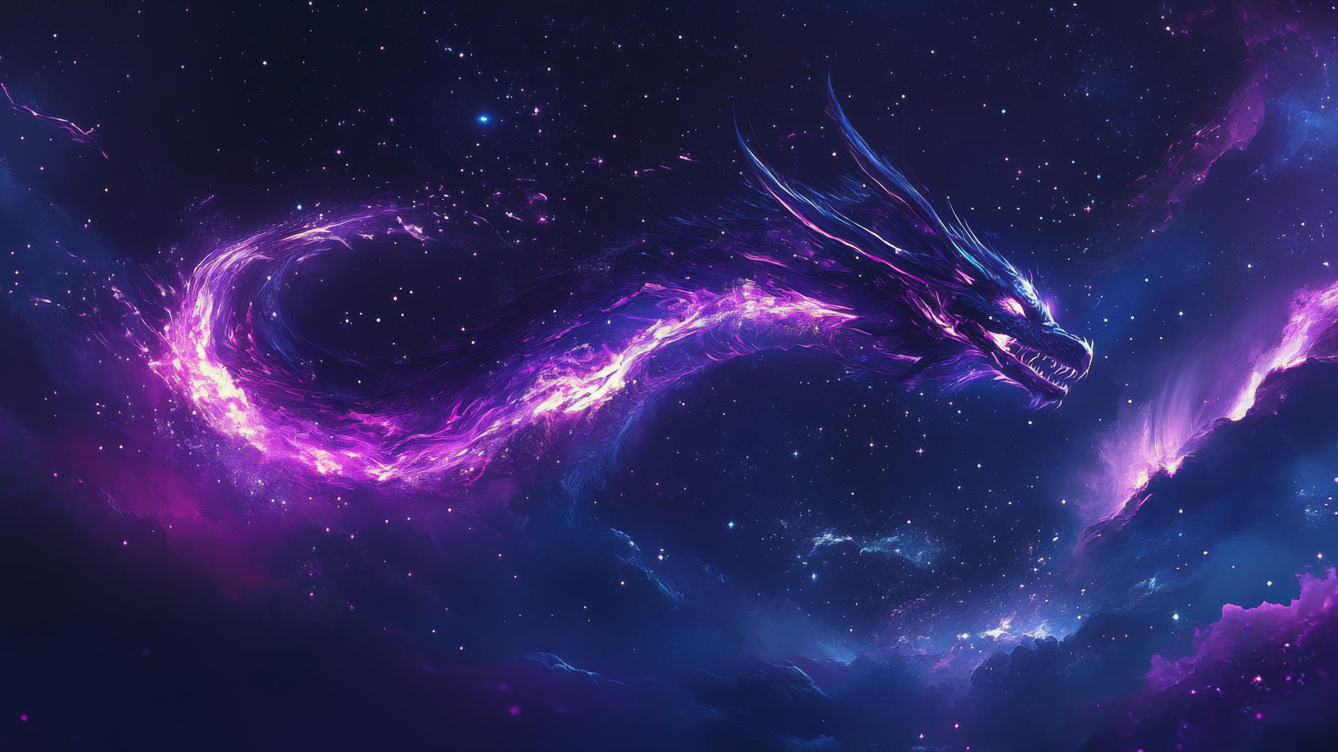 neon purple aesthetic wallpaper featuring a dragon spiraling through the night sky with glowing trail of light