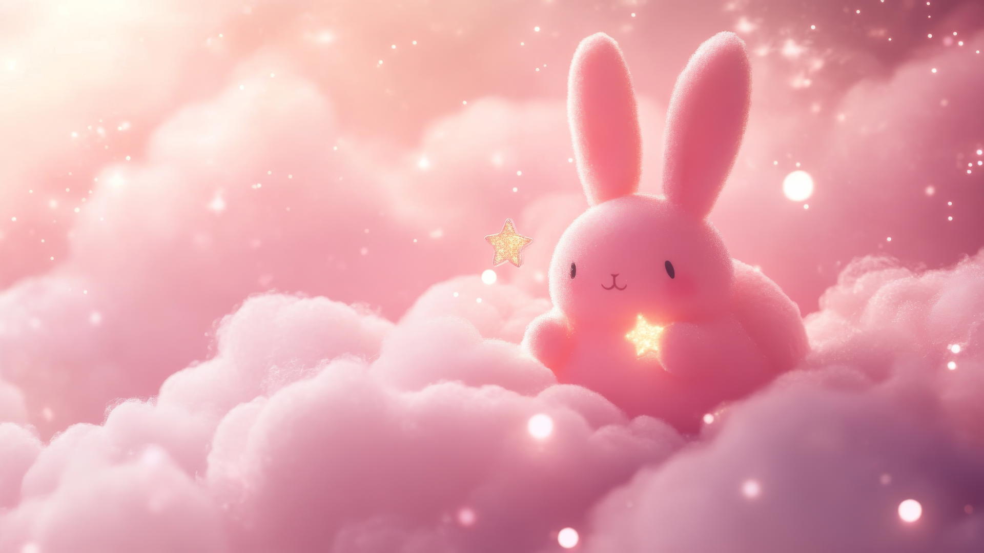 cute pink wallpaper with a kawaii bunny holding a star on a fluffy pink cloud