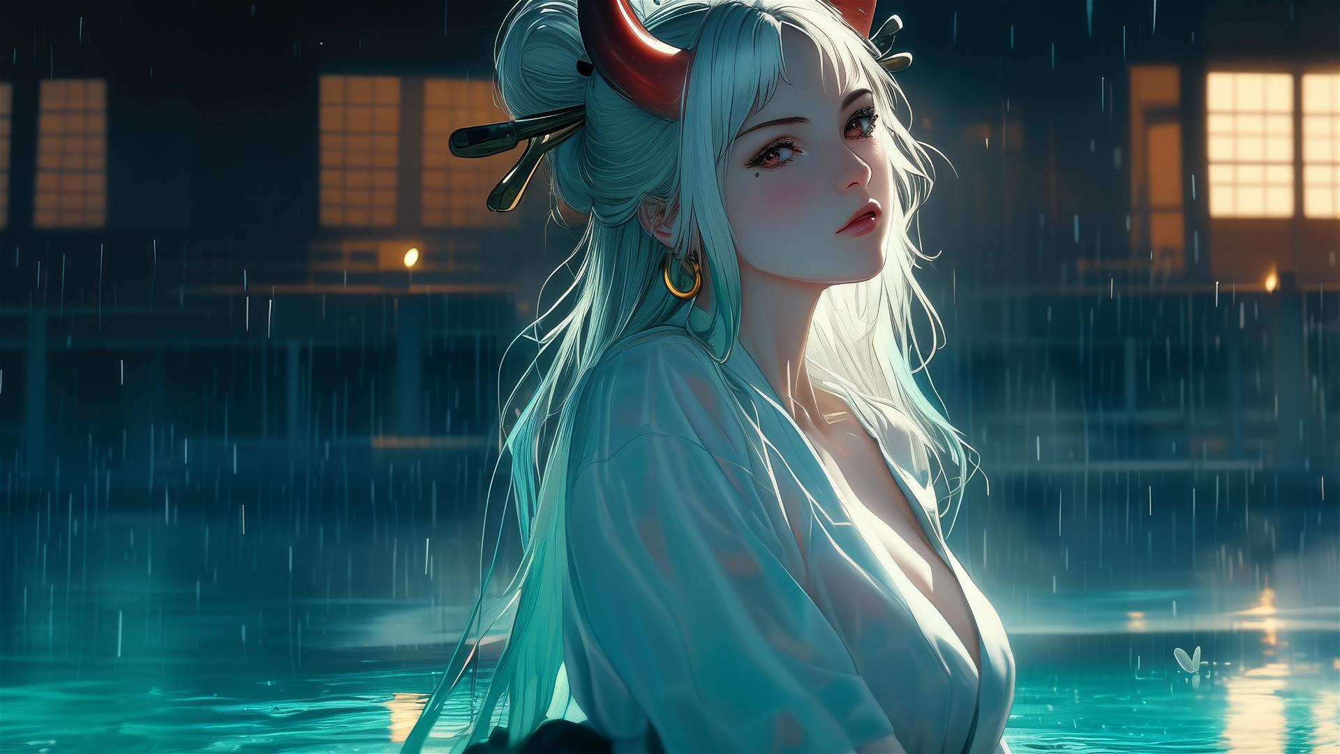 Yamato from One Piece standing in a pool under the moonlight, surreal and super realistic