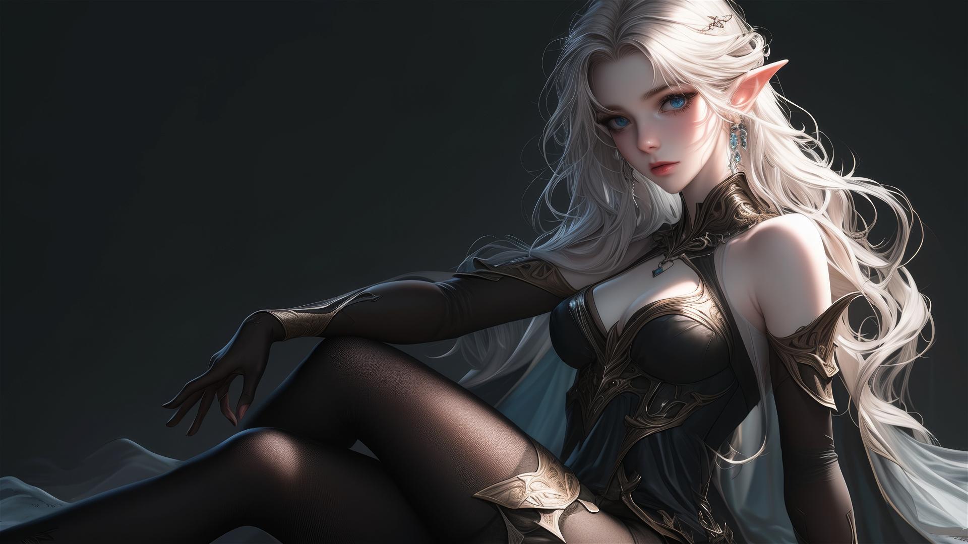 Fantasy Elf girl in dynamic pose on dark background with thigh highlight and spotlight effect