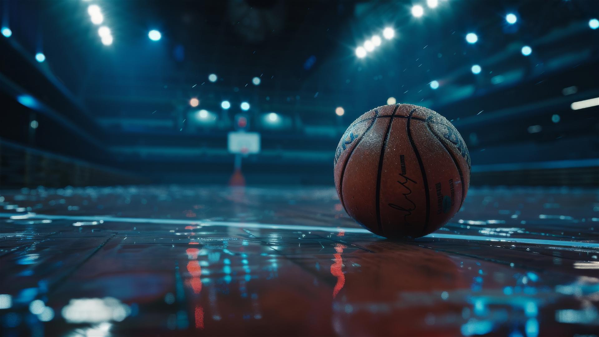 Basketball on arena floor under dim lights with a dark blue ambiance