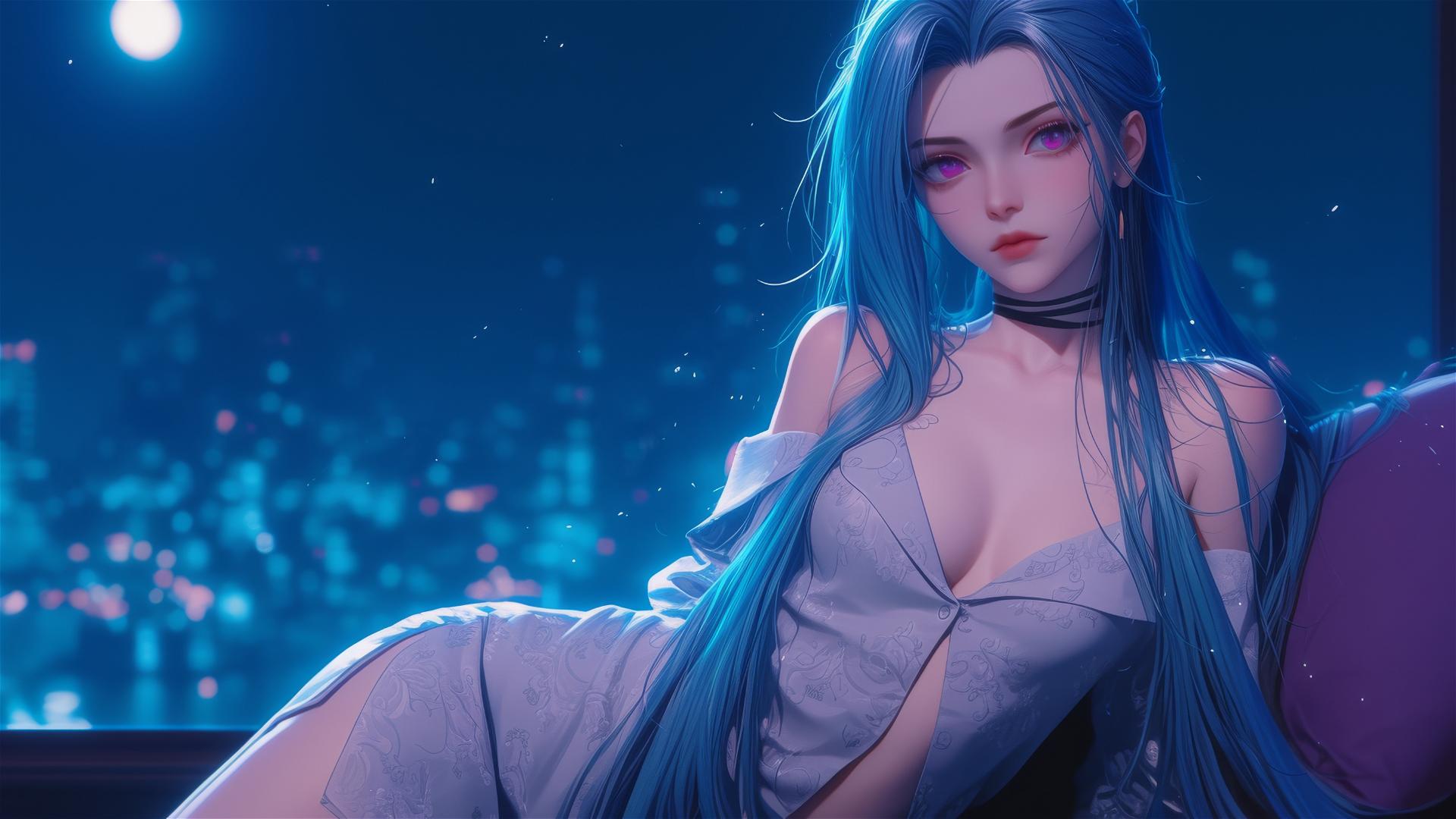 Jinx from League of Legends sitting in moonlit apartment