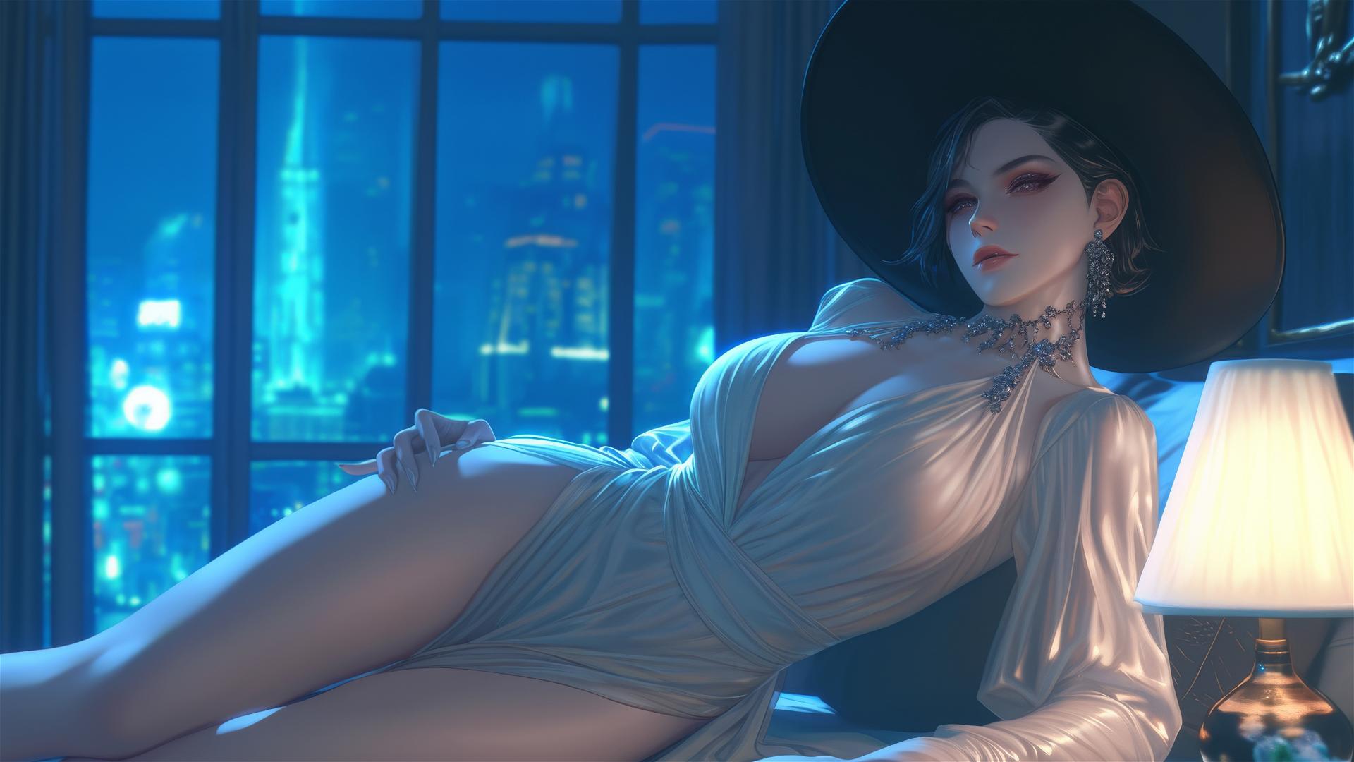 Lady Dimitrescu resting on a modern hotel bed with moonlight glow