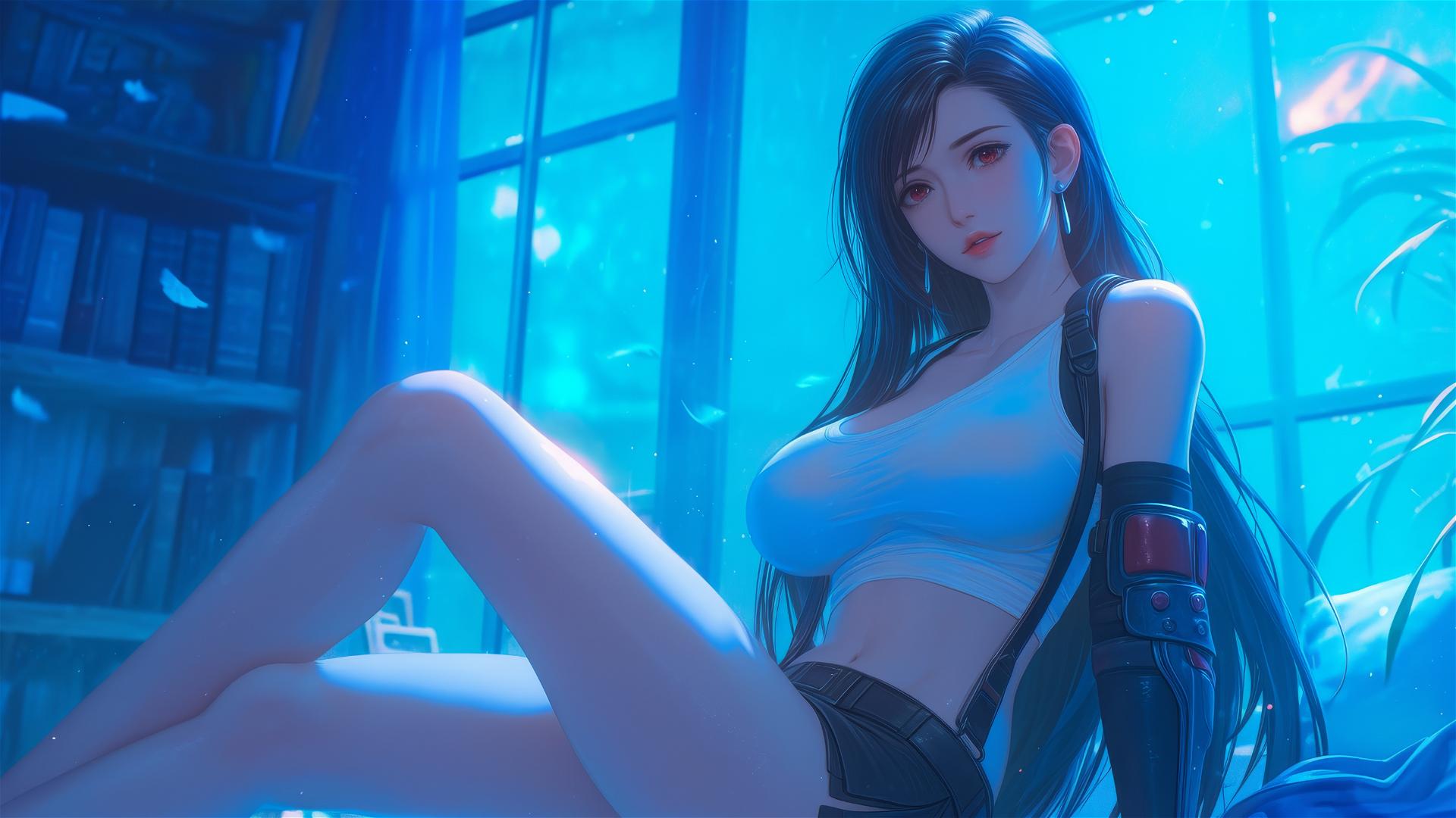 Tifa Lockhart relaxing in her room under moonlight
