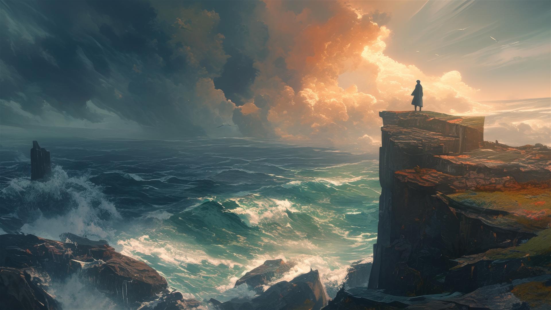 High cliff overlooking a stormy ocean with churning waves below