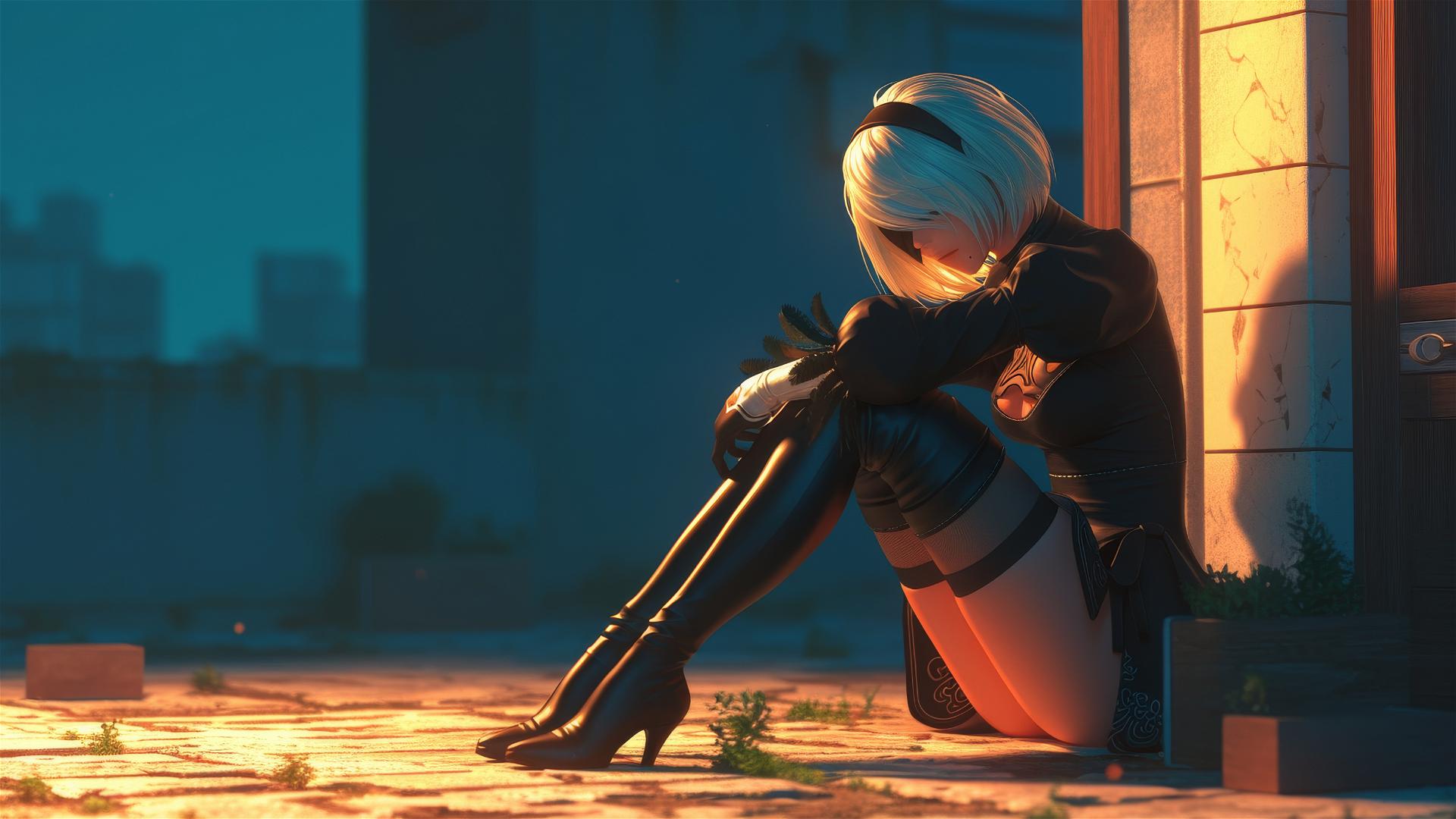 2B from Nier in modern hotel room bathed in soft moonlight