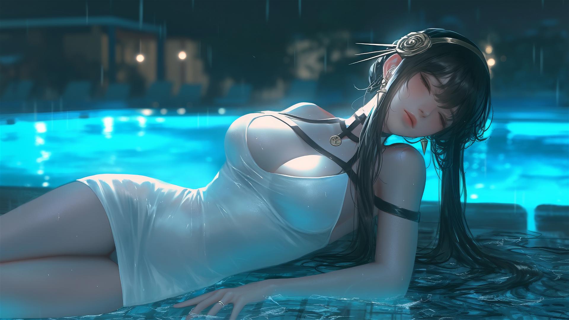 Yor Forger in white dress resting at rainy pool under moonlight