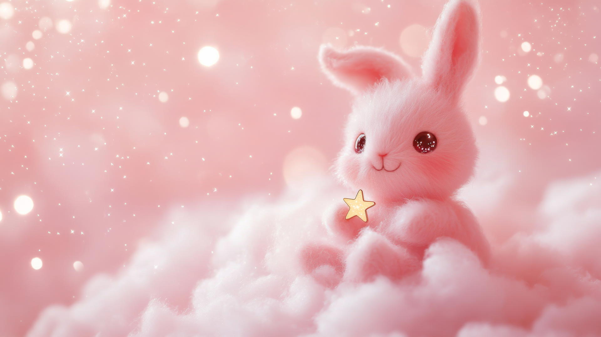 Kawaii pink bunny holding a tiny star on a fluffy pink cloud with sparkles and twinkling lights, cute pink wallpaper