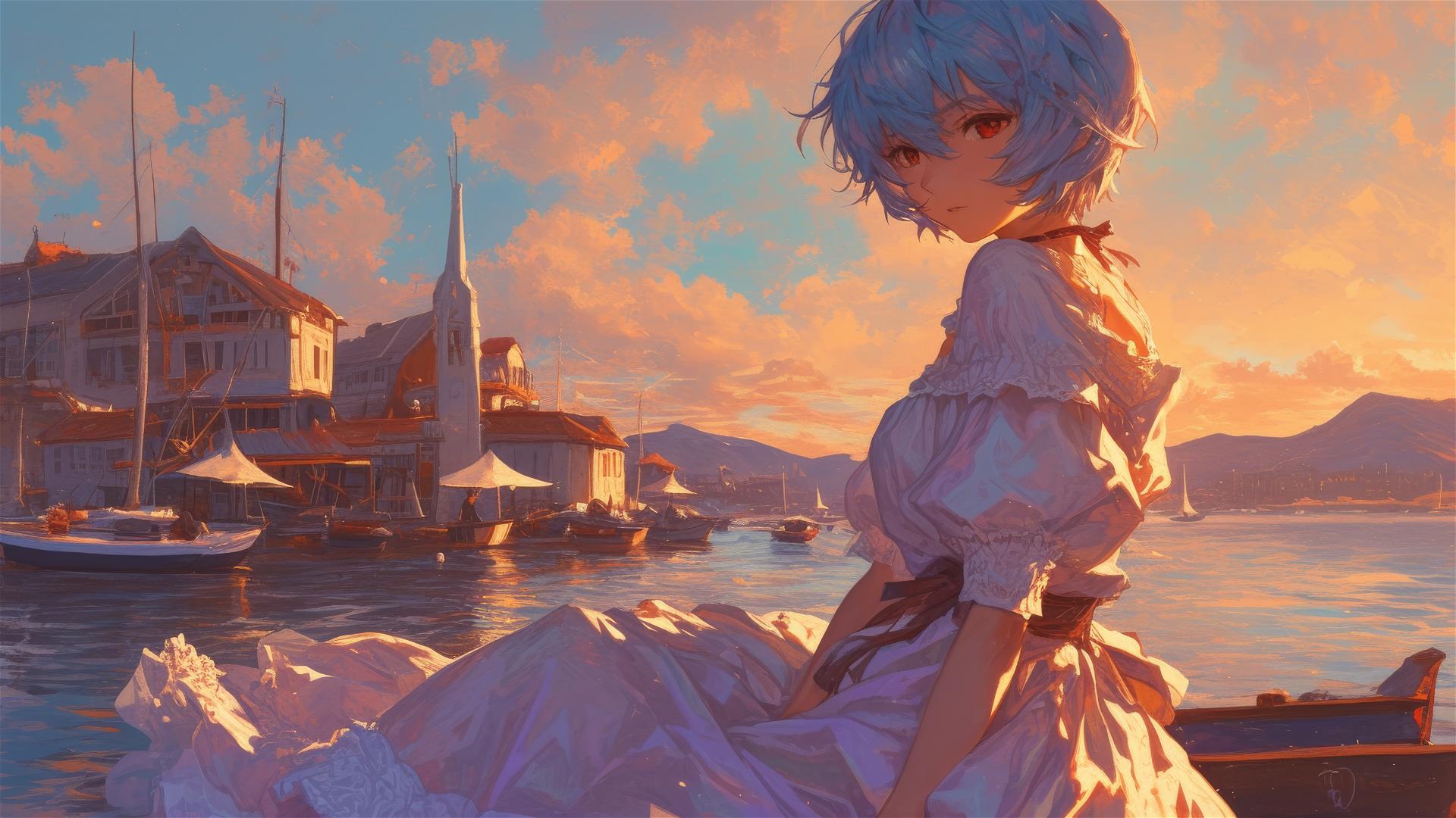 Rei Ayanami, lace dress, seaside village at sunset