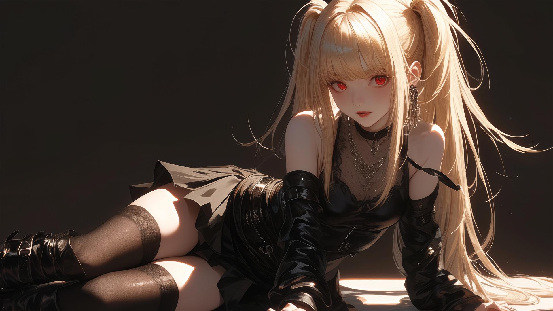 Isolated shot of Misa Amane from Death Note with red eyes on dark background under spotlight in dynamic pose