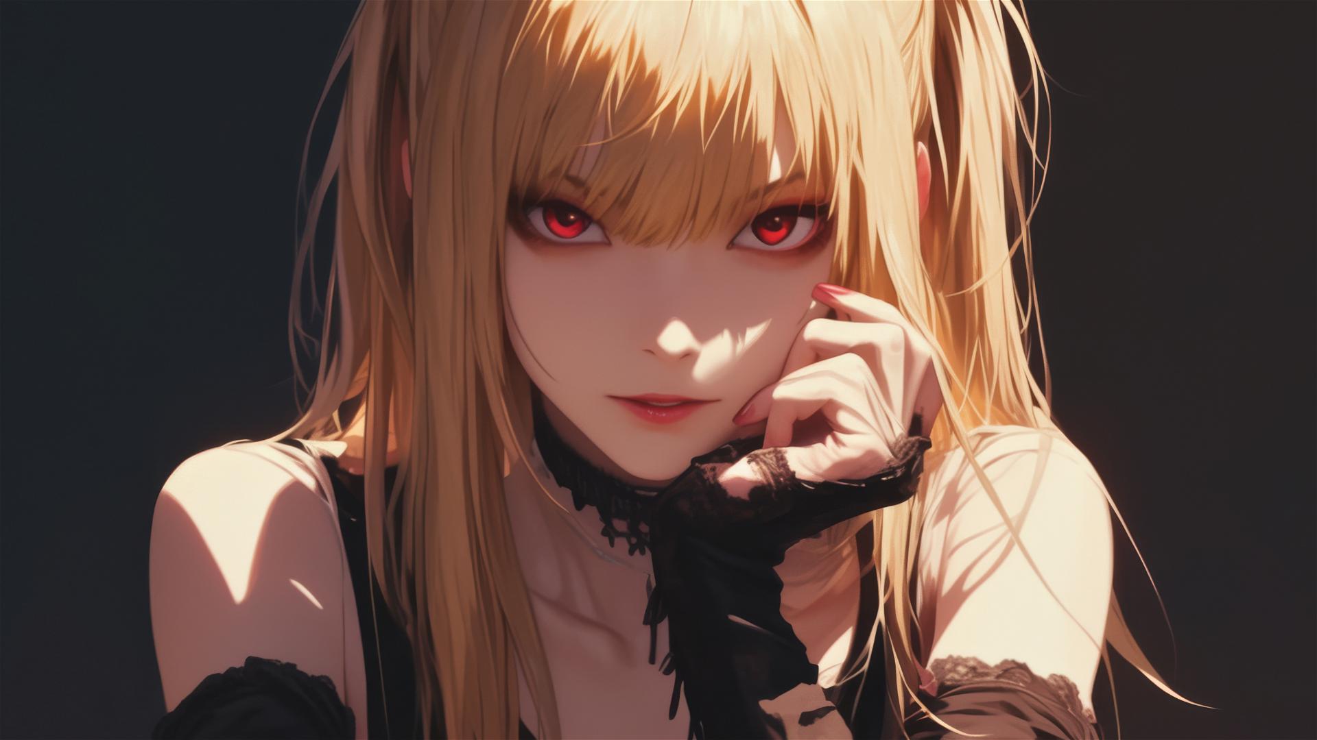 Misa Amane from Death Note in serene pose on shaded background with red eyes under soft spotlight