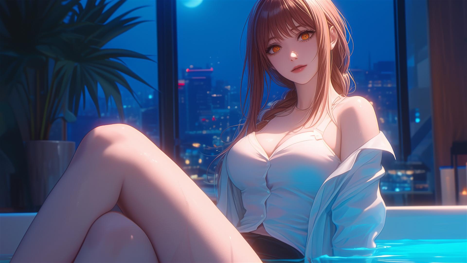 Makima from Chainsaw Man resting in her apartment's tub under moonlight, with highlighted blond and red hair.