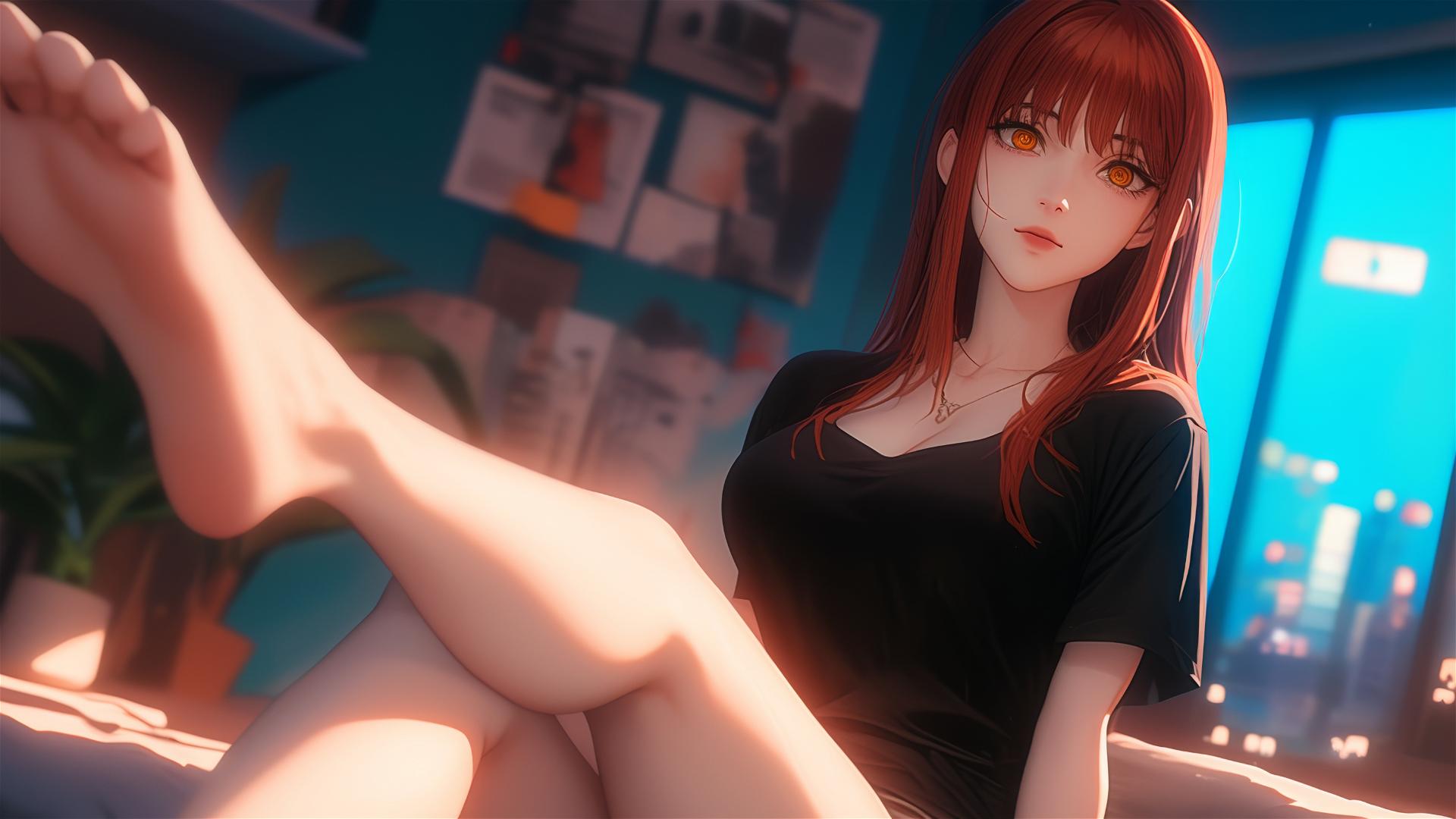 Close-up view of Makima from Chainsaw Man resting in her room, with focus on red hair and foot