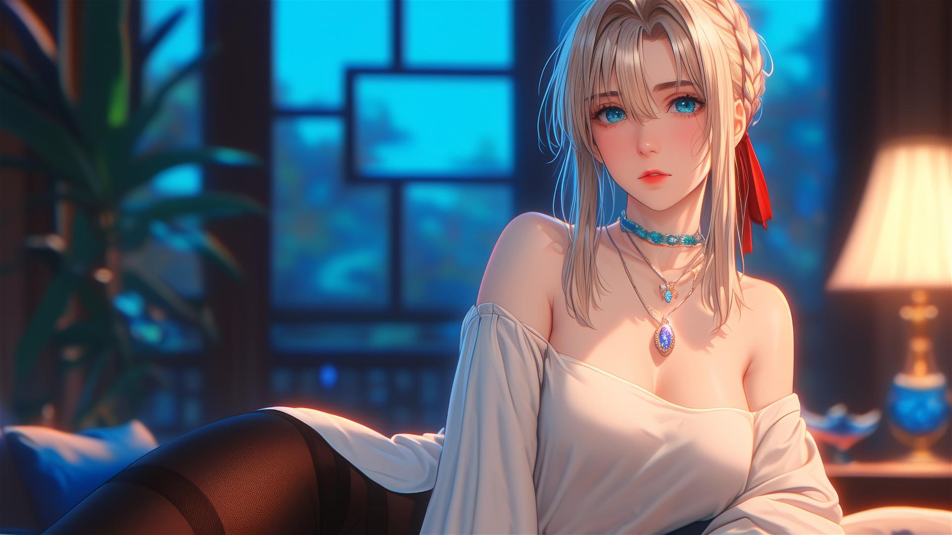 Violet Evergarden resting in moonlit apartment