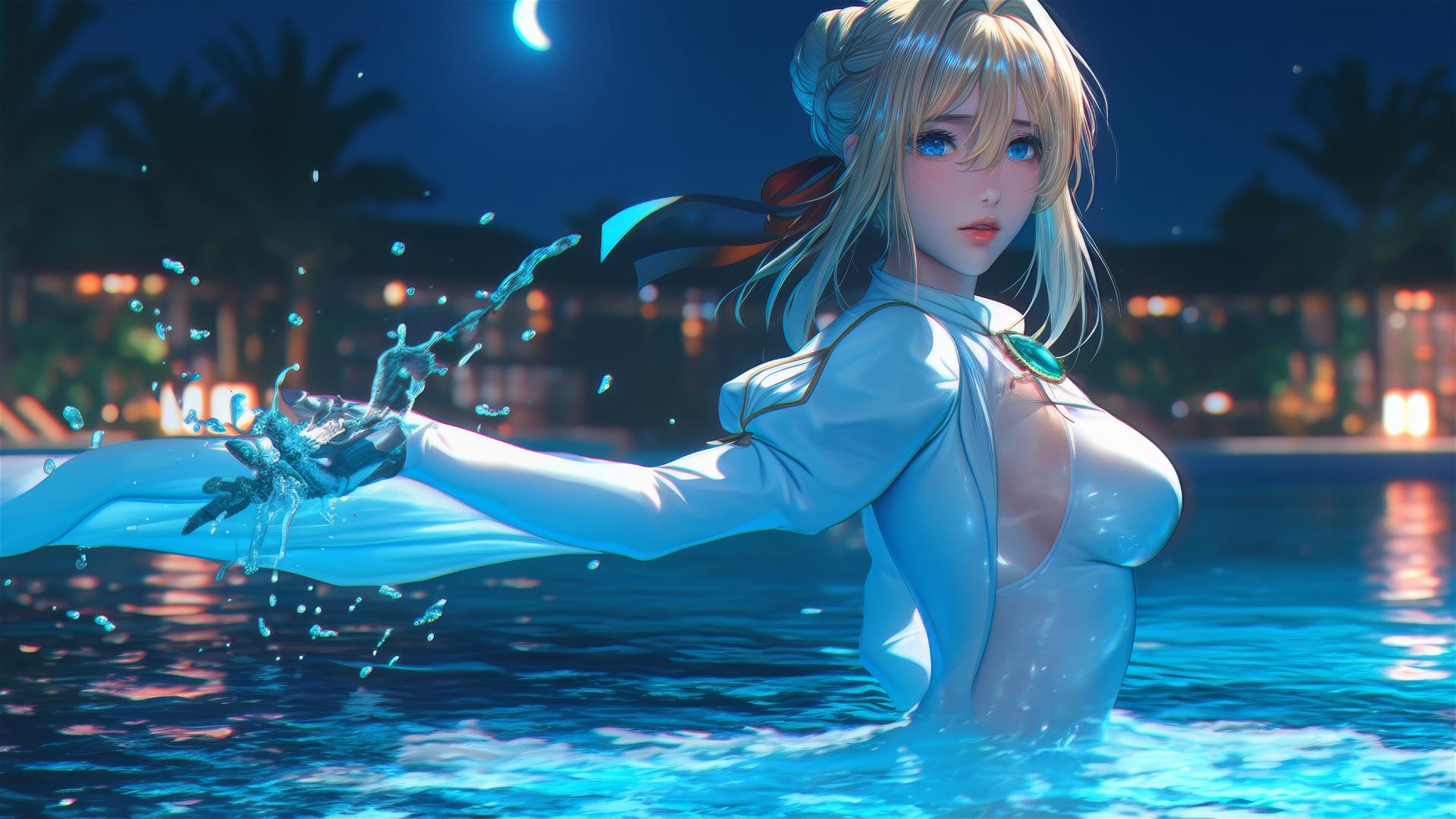 Violet Evergarden jumping out of a swimming pool under moonlight.