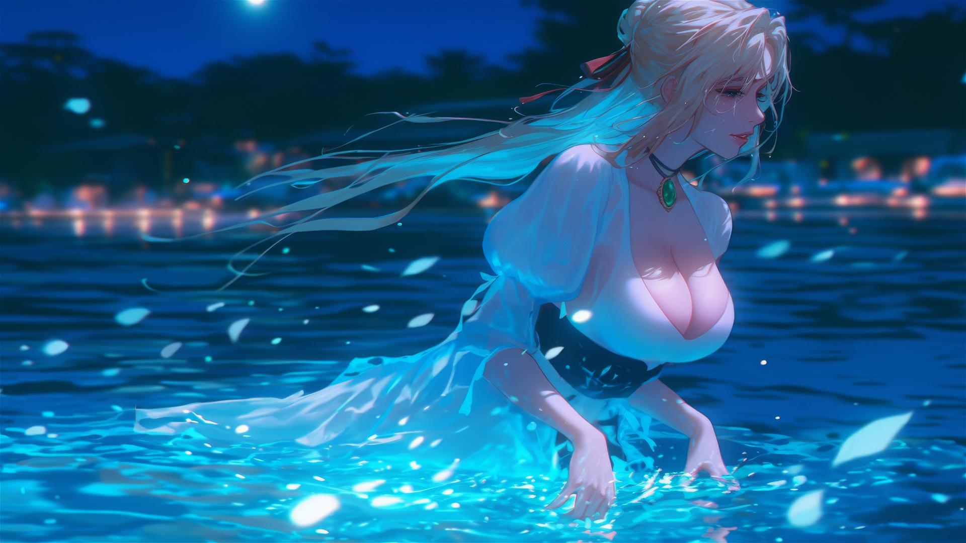 Violet Evergarden jumping out of a swimming pool under moonlight.