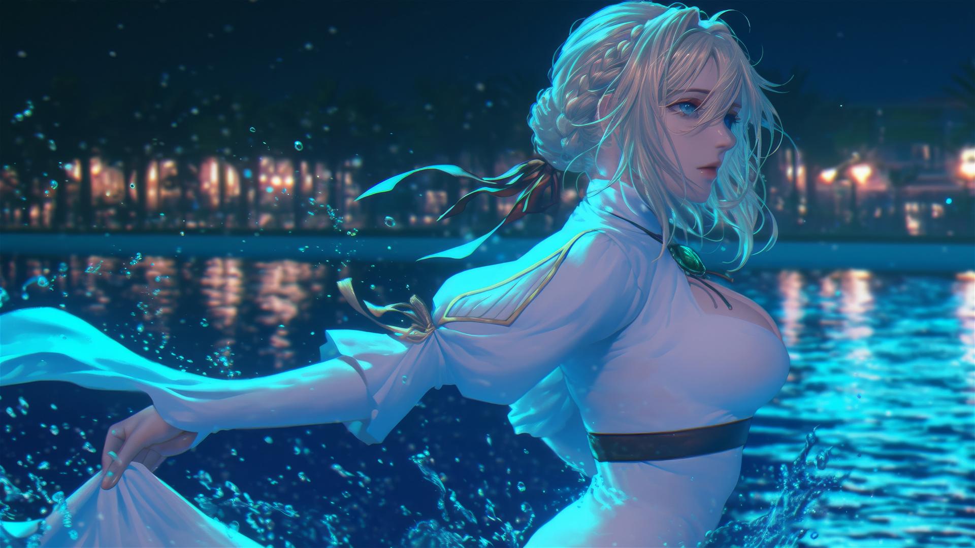 Violet Evergarden jumping out of a swimming pool under soft moonlight.