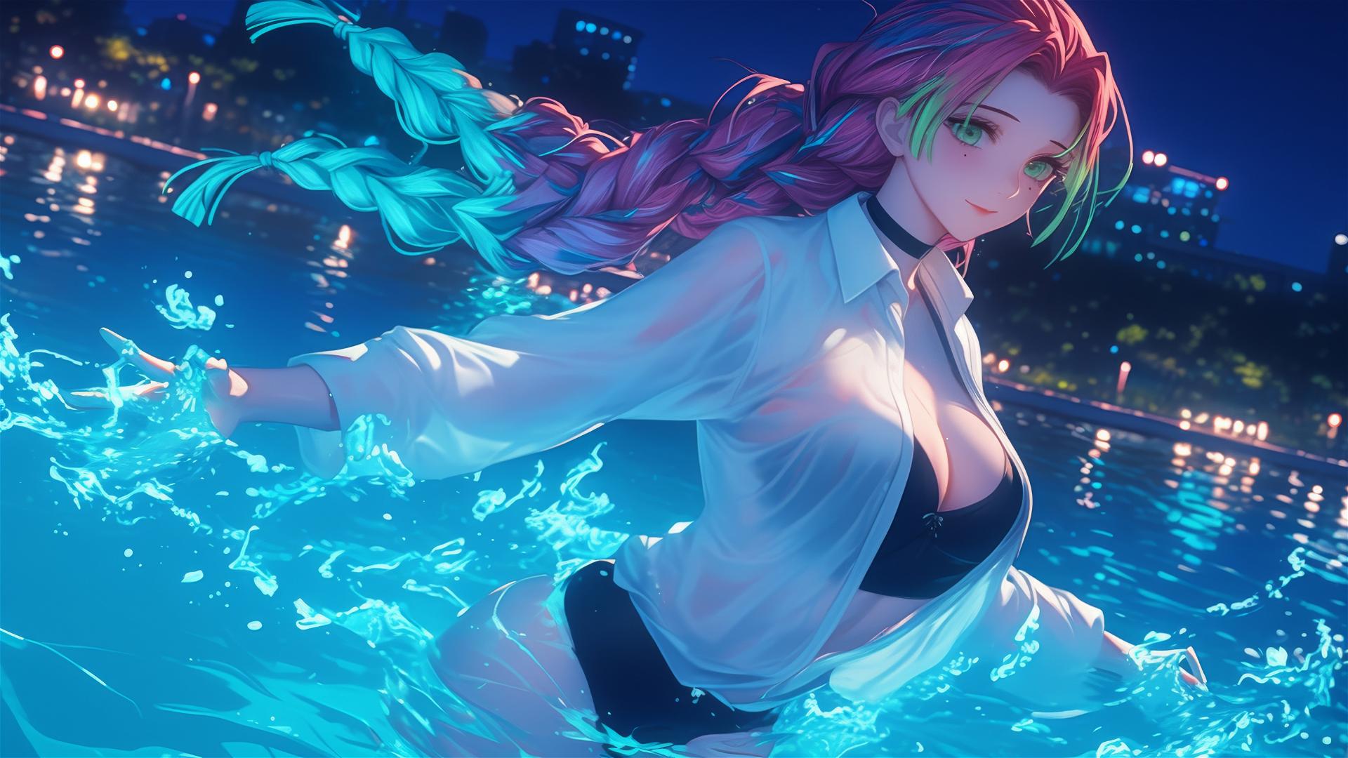 Mitsuri Kanroji jumping from a pool under moonlight, in a white shirt with light pink to lime green hair.
