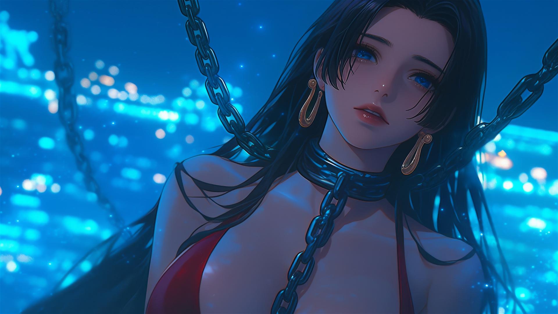 Boa Hancock from One Piece with chains in a modern hotel room under moonlight.