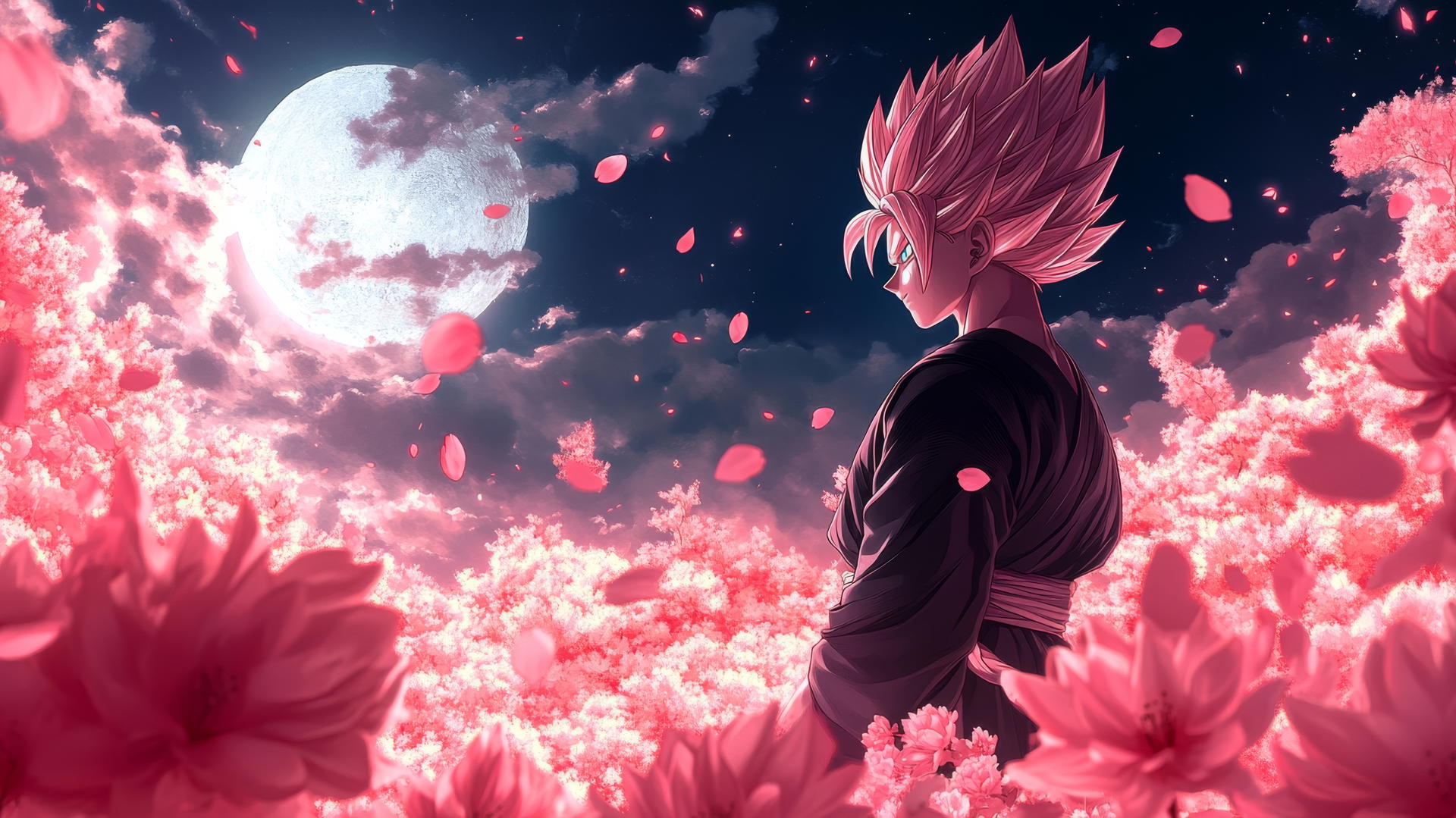 Goku Black wallpaper 4k in Super Saiyan Rosé form with glowing sakura petals