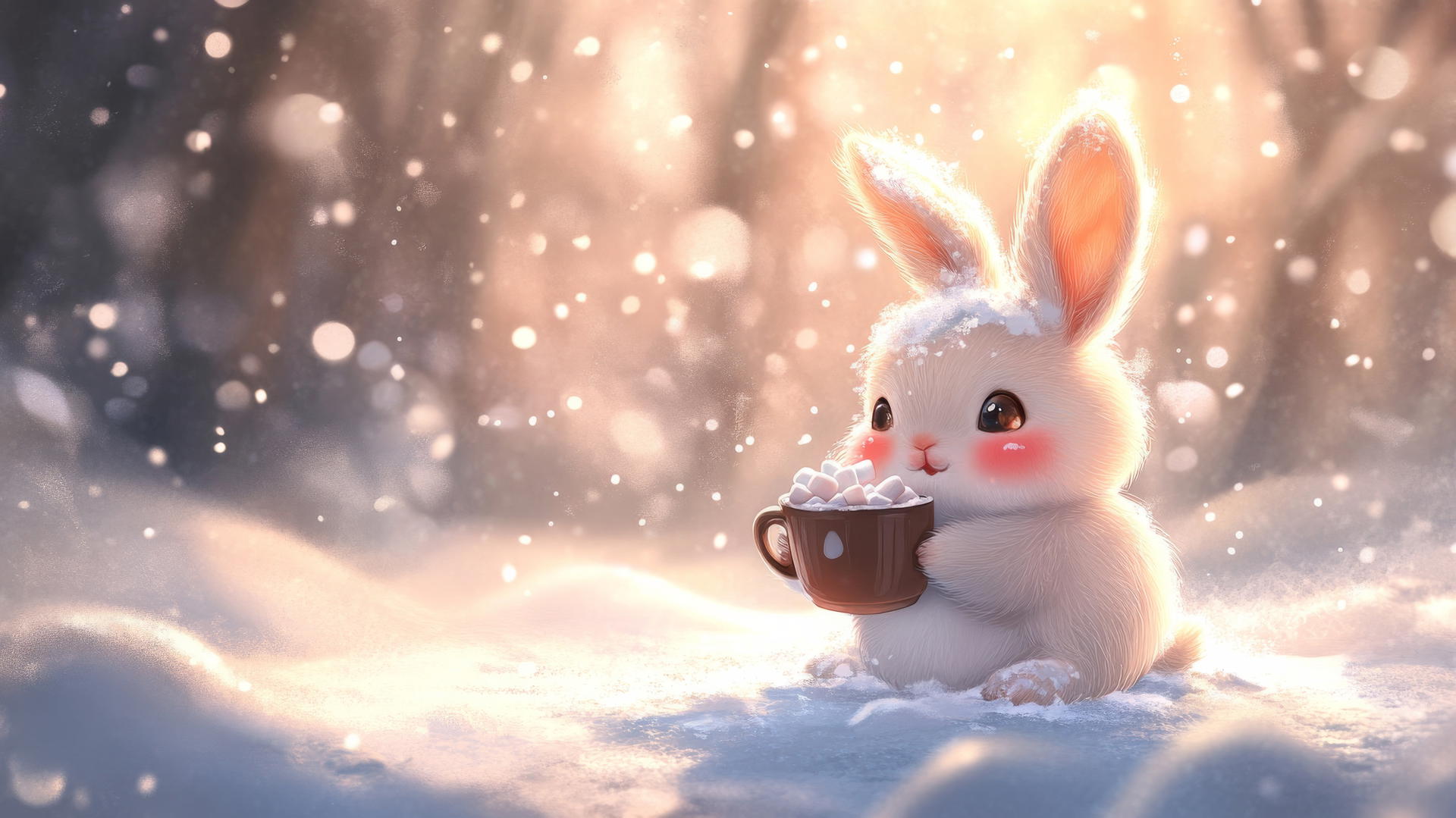 Cute winter wallpaper with a chubby bunny holding hot cocoa