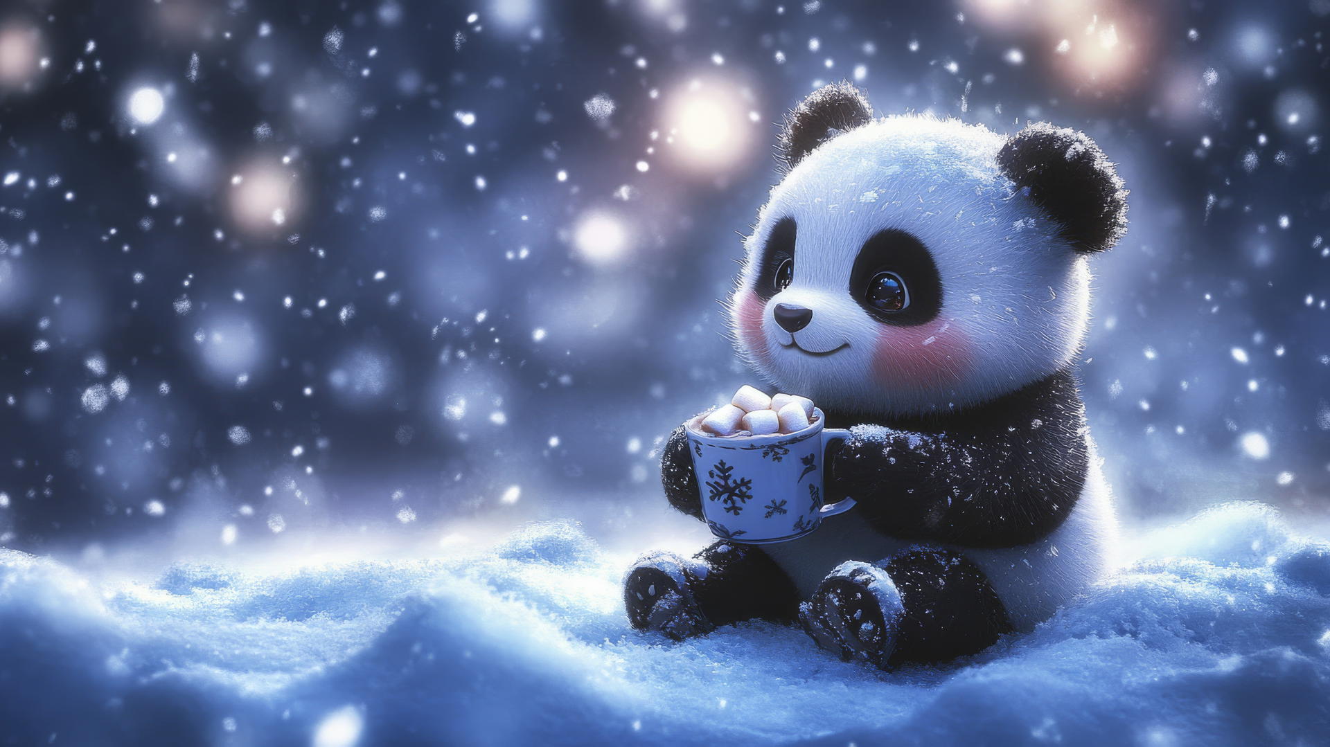 Cute panda wallpaper with a chubby panda holding hot cocoa in snow