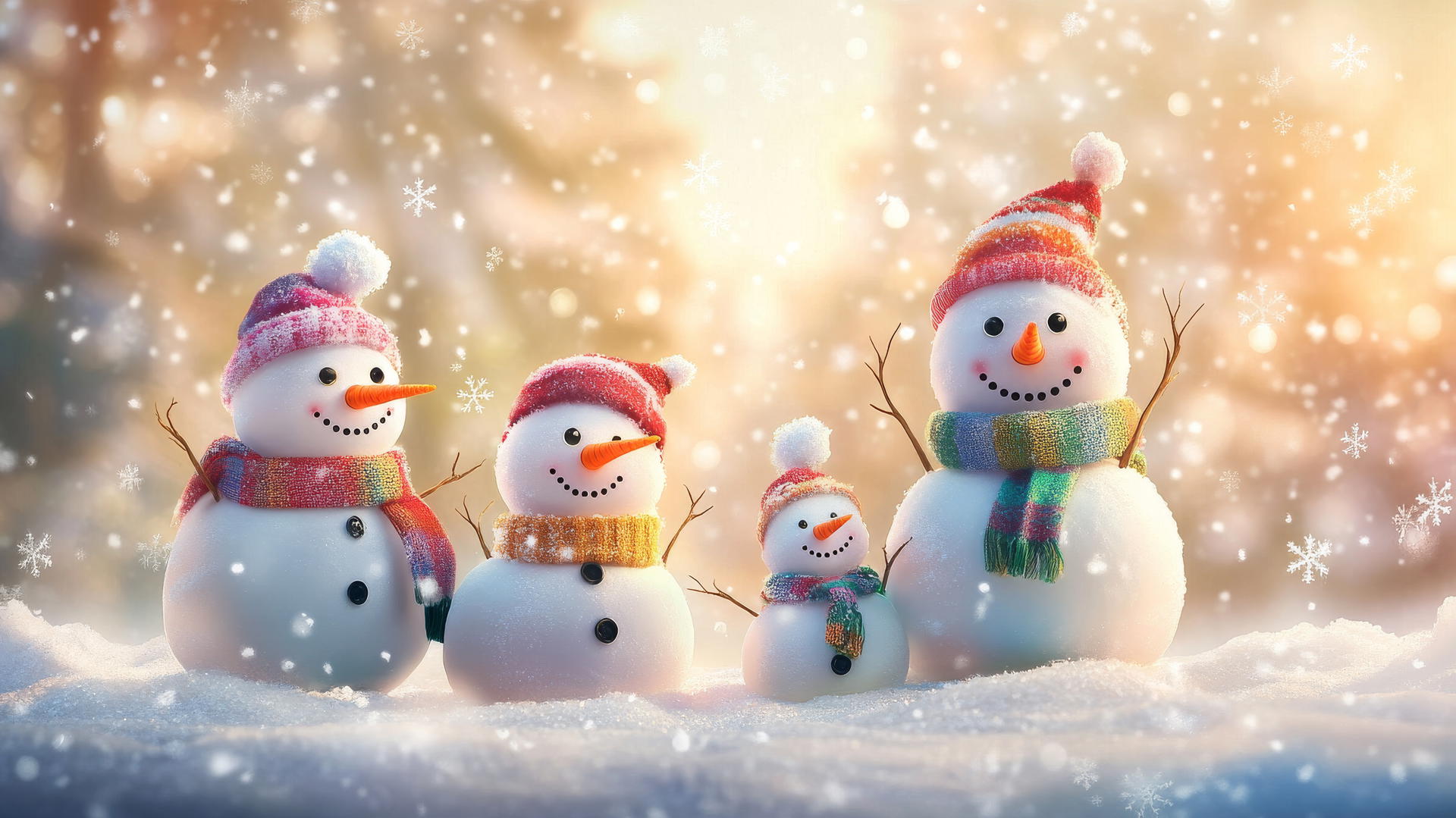 cute wallpapers for christmas: snowman family with button eyes and colorful scarves in pastel winter