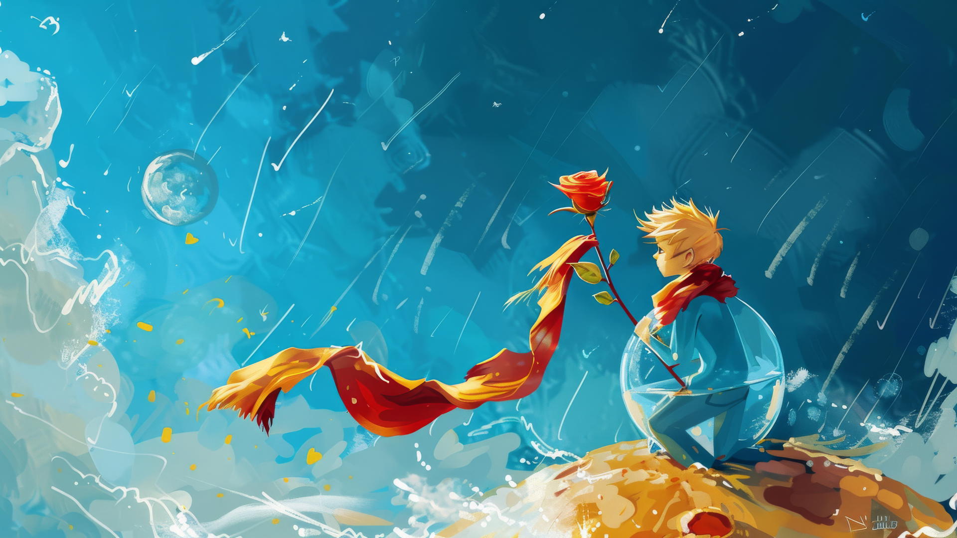 The Little Prince on his planet gazing at the rainy sky with a rose in glass