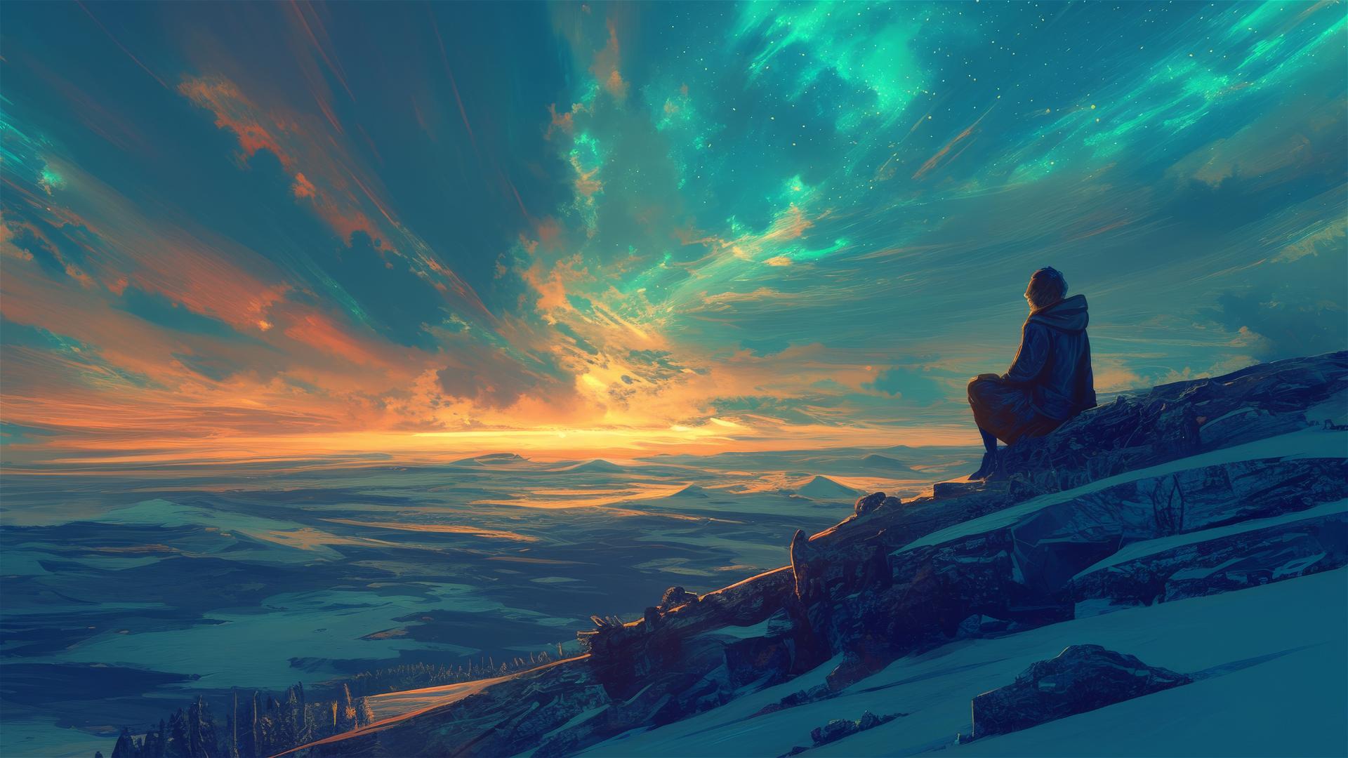 Animated landscape with vibrant auroral lights and solar winds