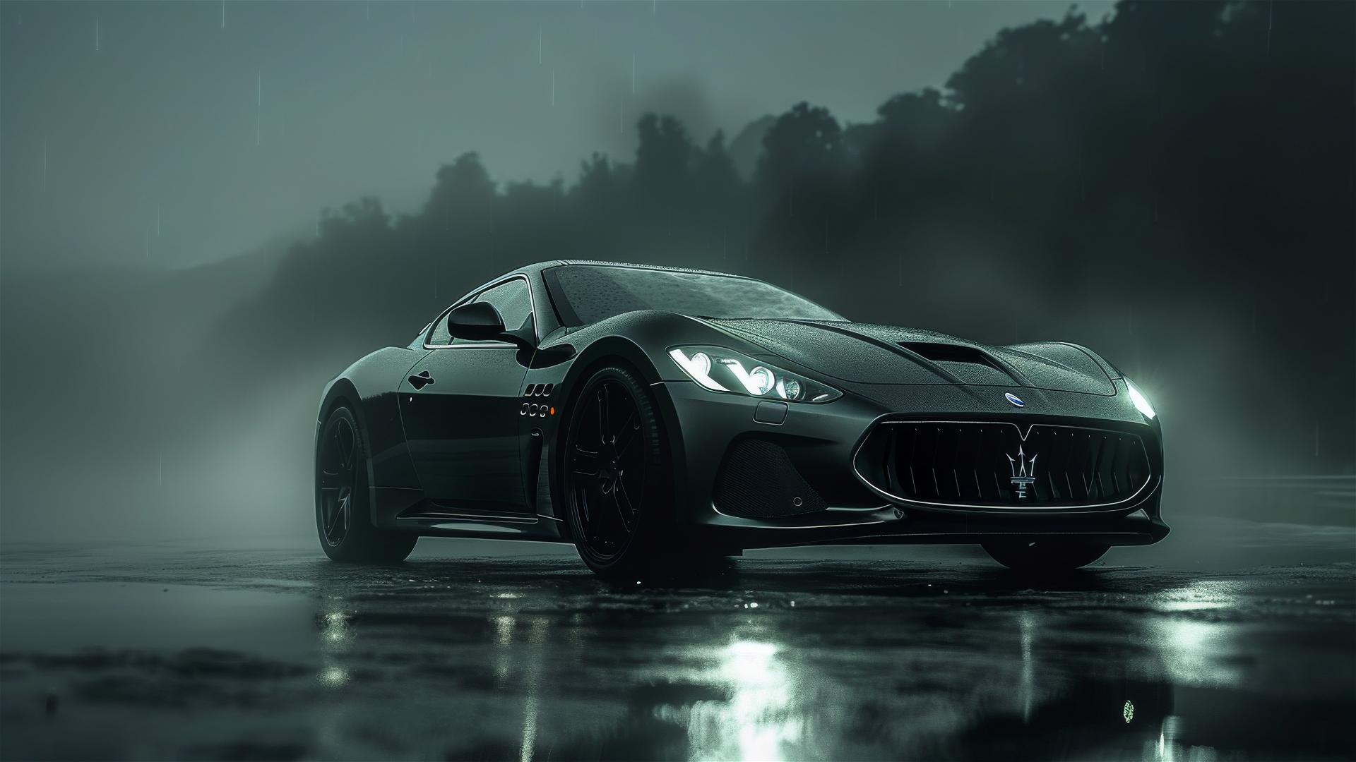 Close-up of a Maserati Granturismo in dim, gothic gloomy lighting, with a foggy and photorealistic touch