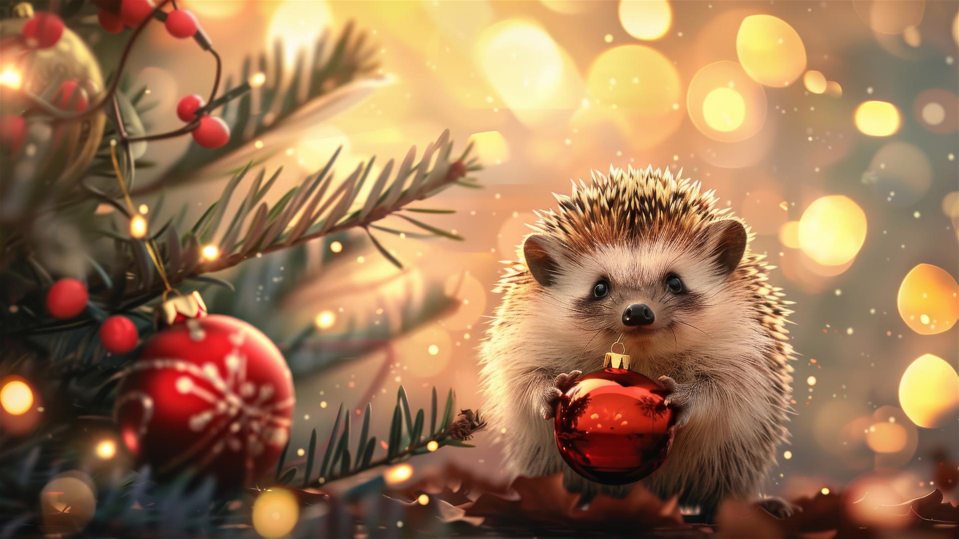 Cheerful hedgehog holding a Christmas ornament against a festive background