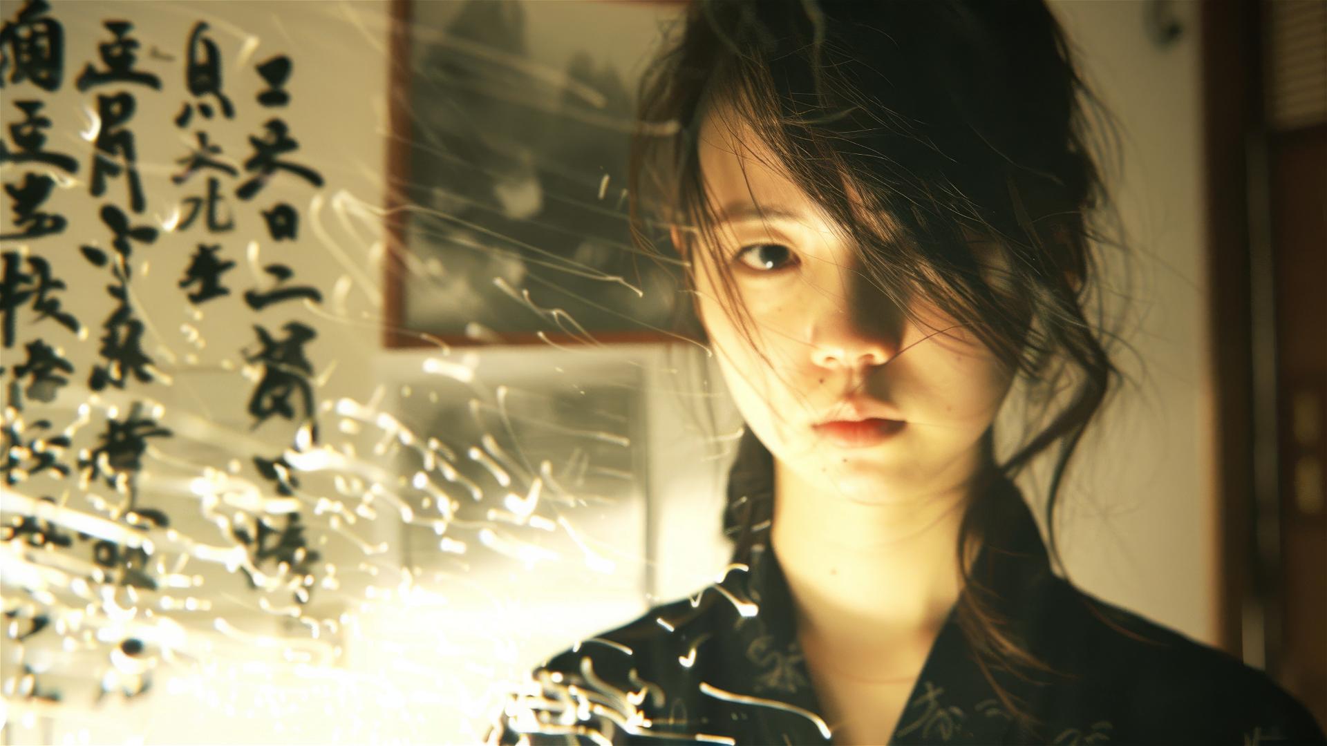 Korean girl in calligraphic scene with intricate shadows