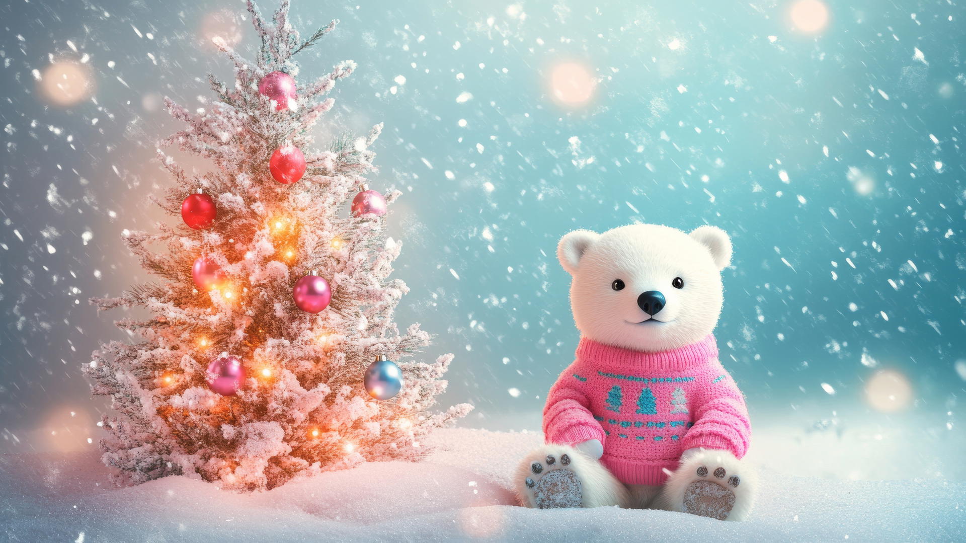 girly cute Christmas wallpaper with a polar bear in pink sweater next to pastel Christmas tree