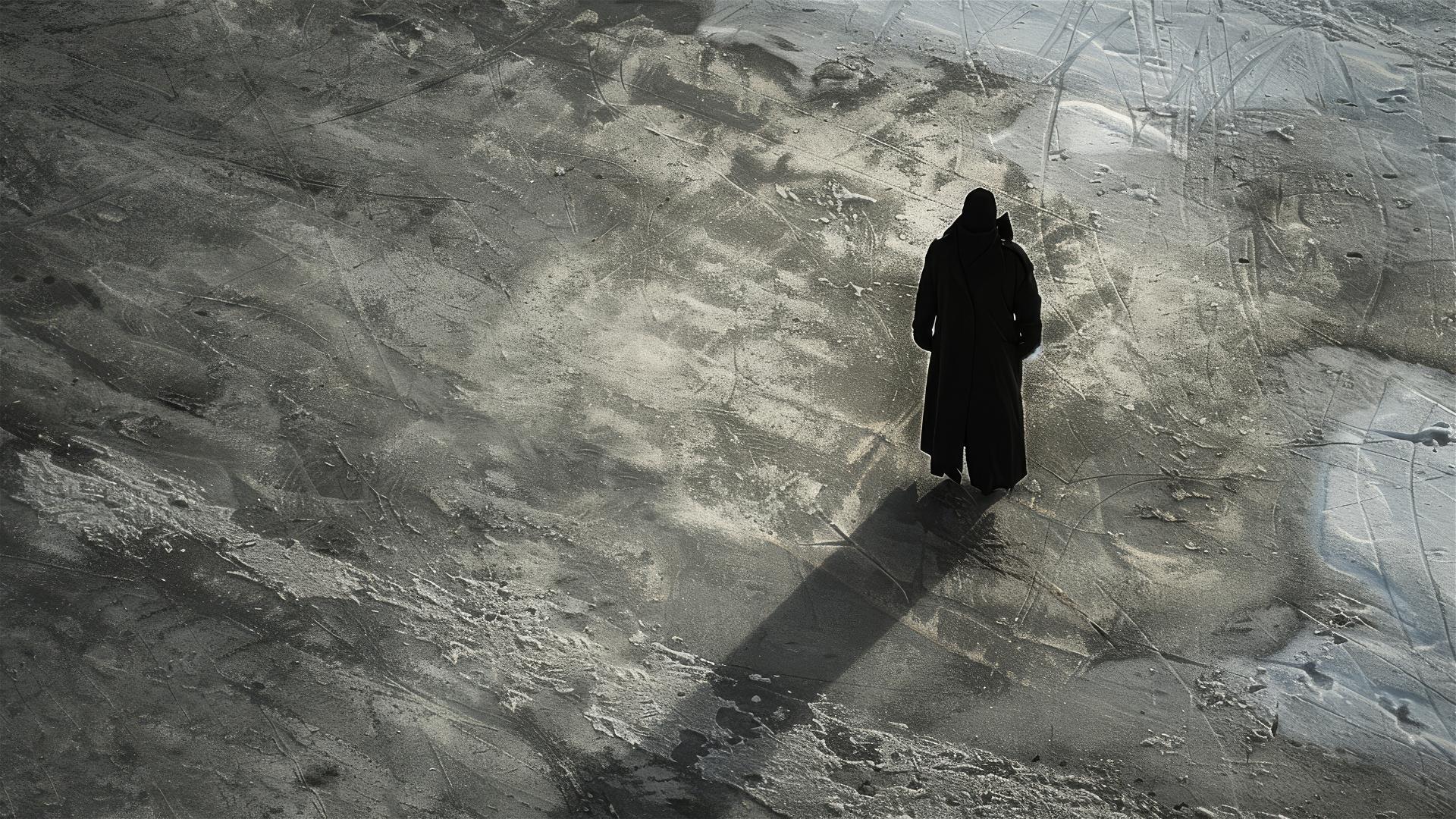 Aerial view of unknown Antarctica, dark figure standing alone