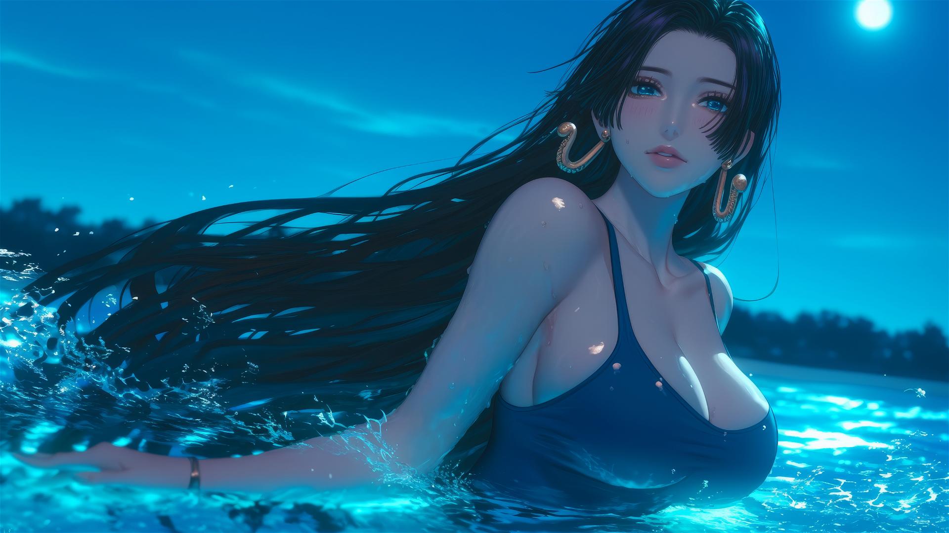Boa Hancock jumps out of a swimming pool with moonlight glow