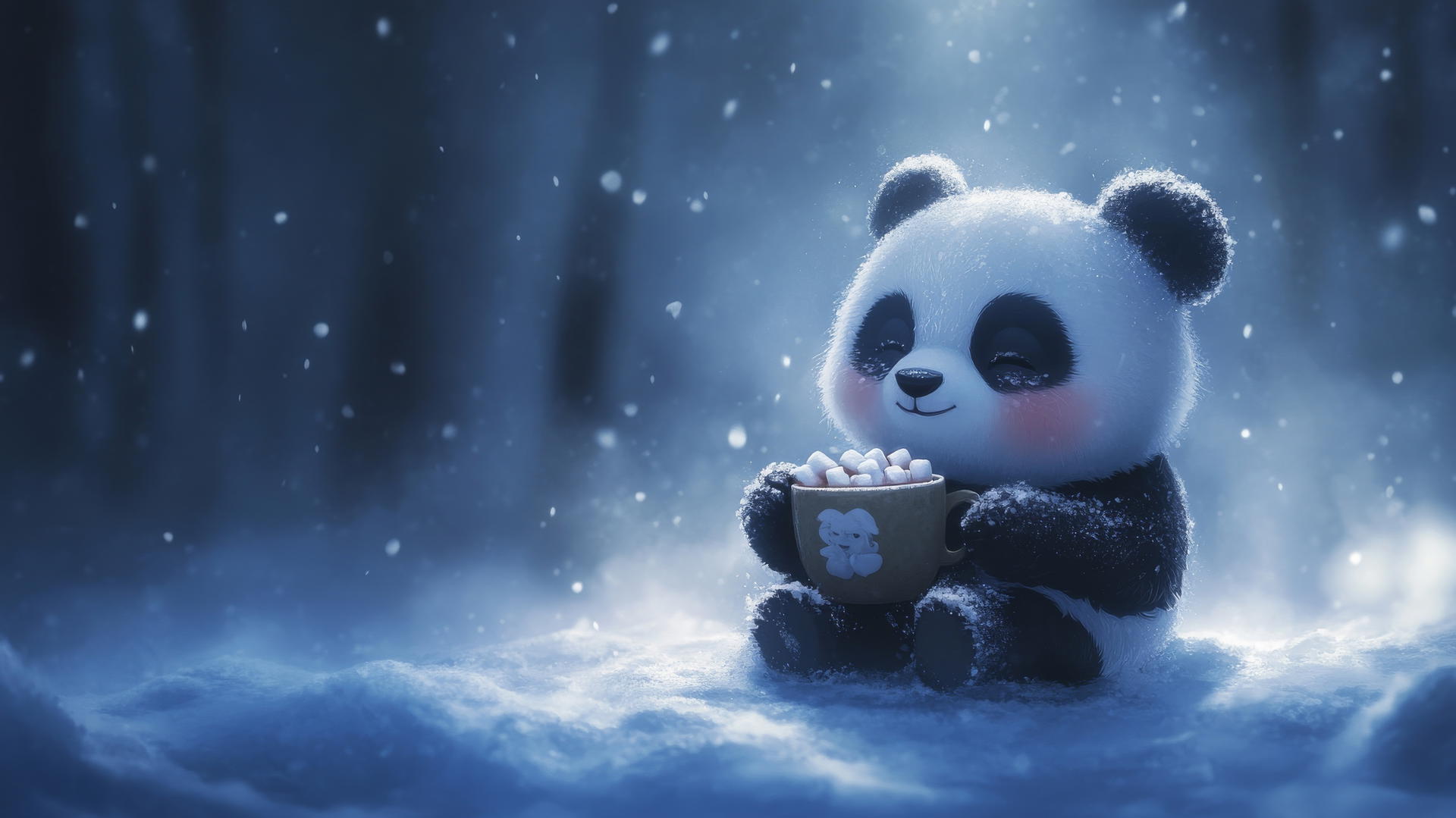 cute panda wallpaper with a chubby panda holding hot cocoa in the snow