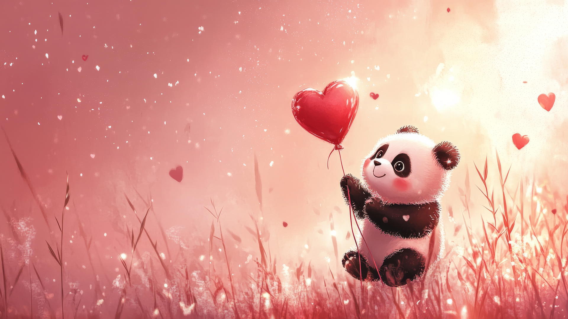 popular cute wallpaper of a cartoon panda holding a heart-shaped balloon with bamboo and sparkles